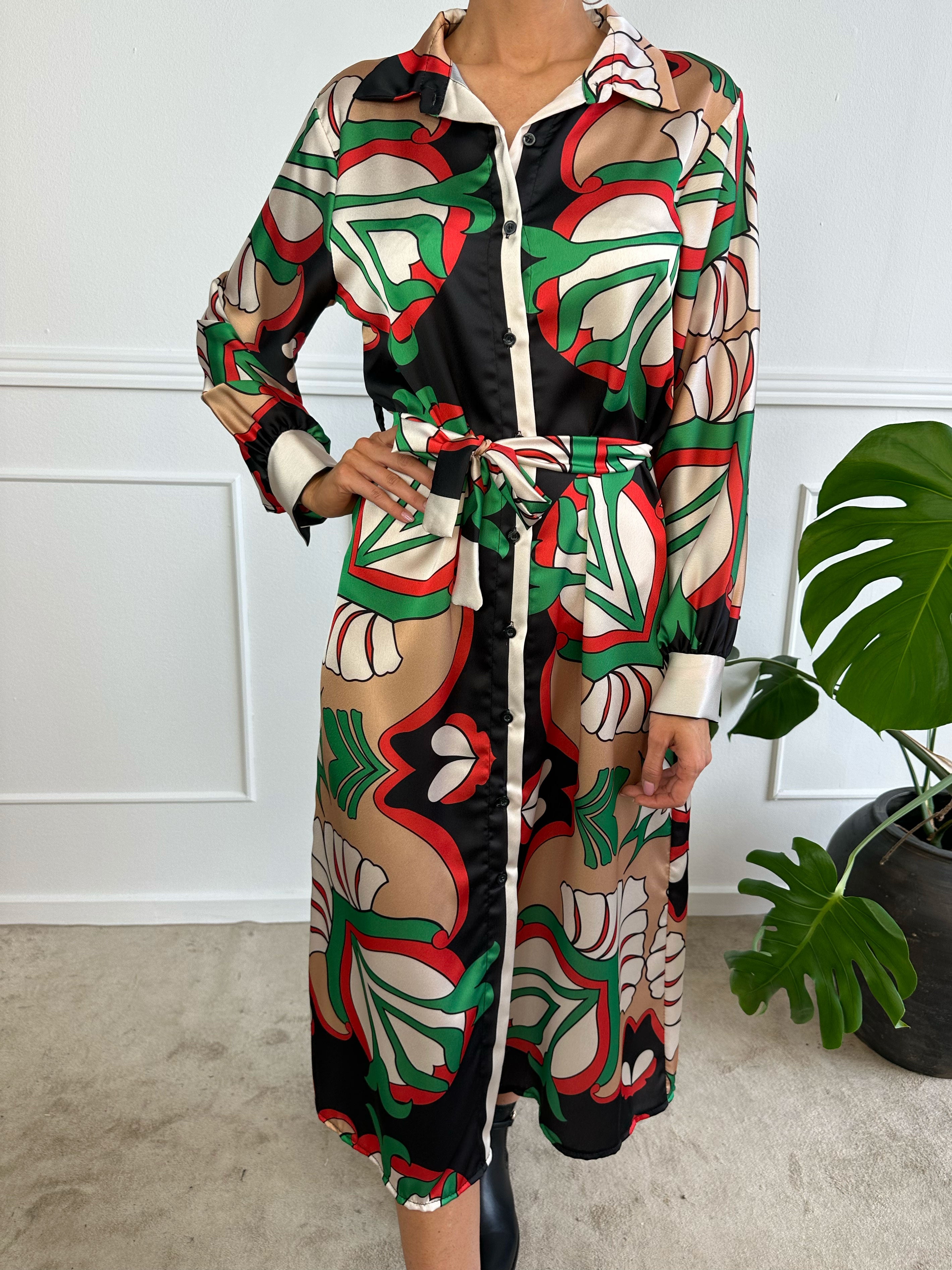 Amani - Lang kjole i silkelook med bindebånd