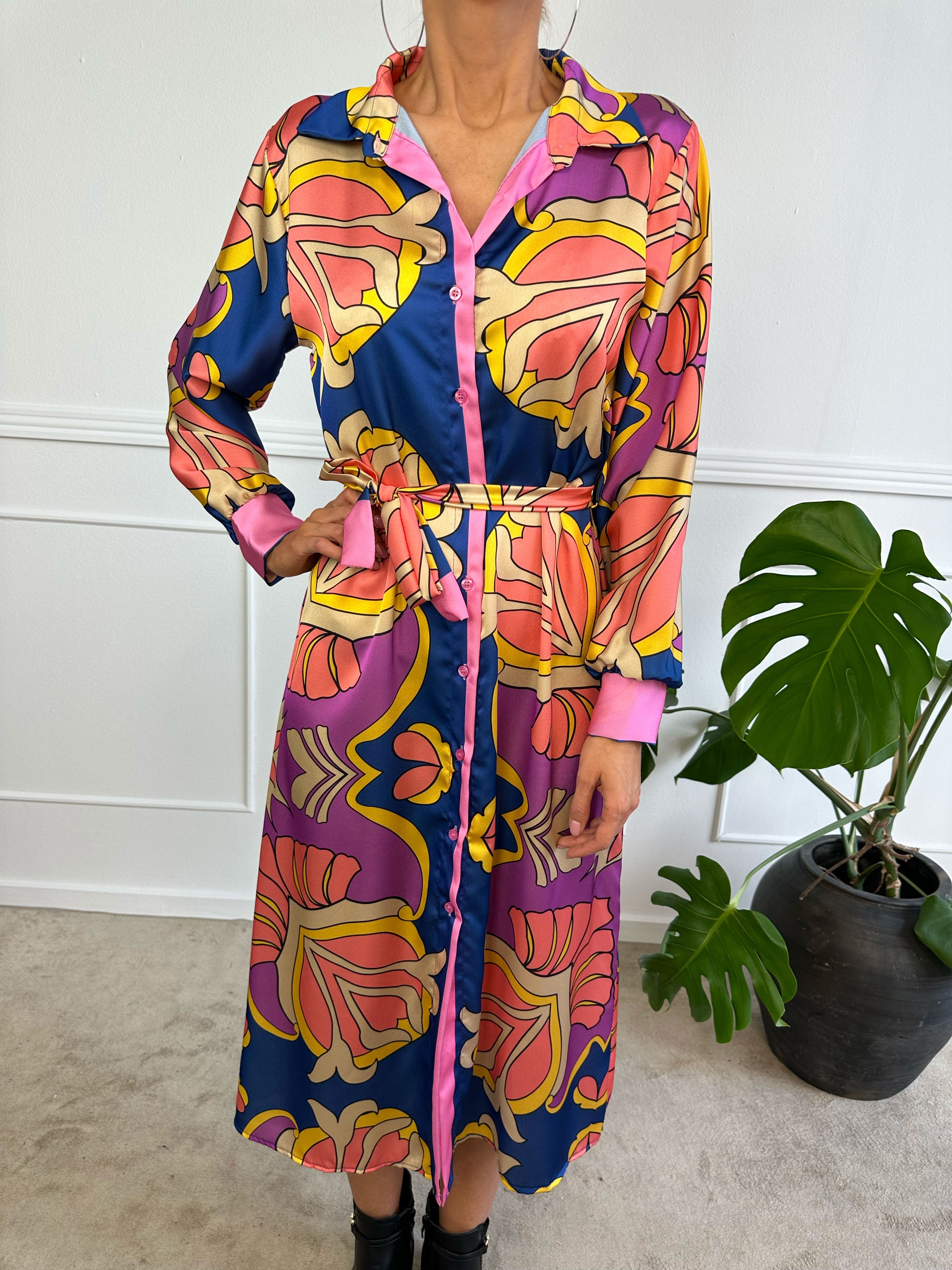 Amani - Lang kjole i silkelook med bindebånd