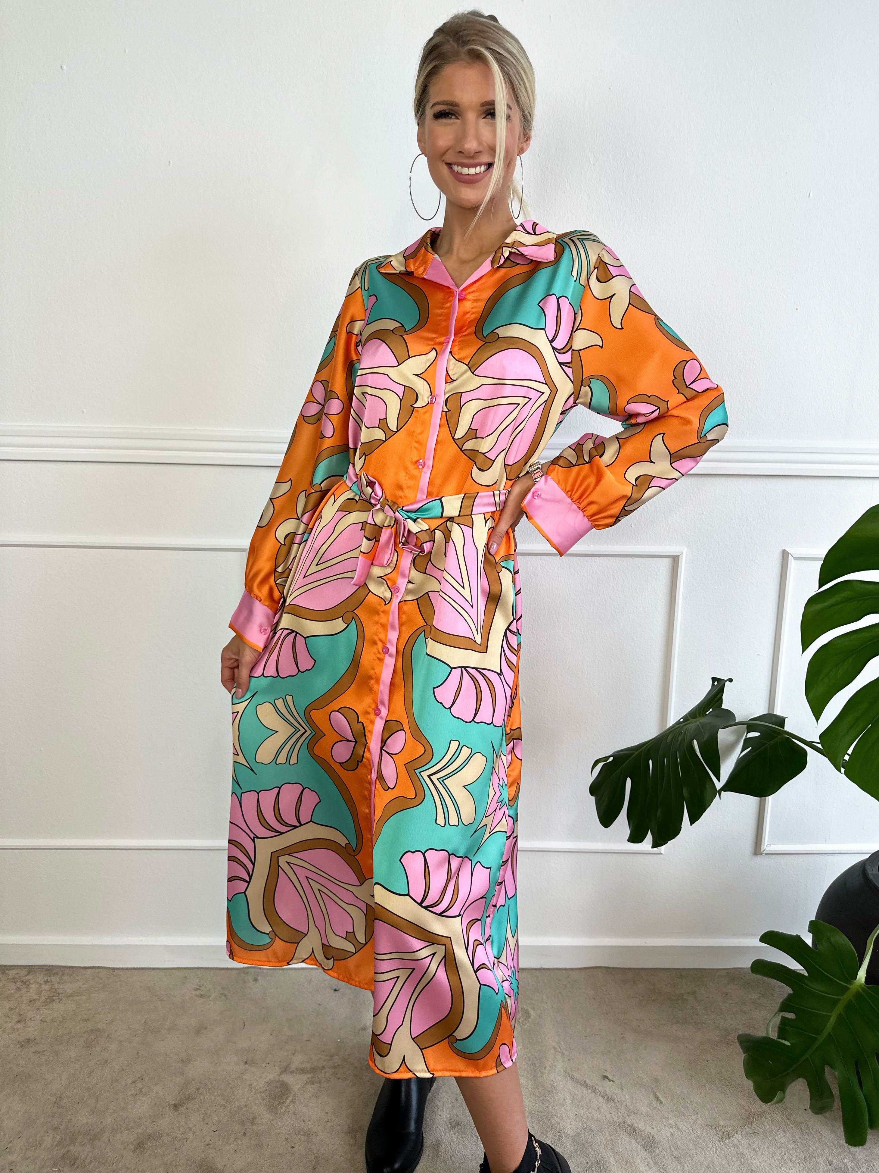 Amani - Lang kjole i silkelook med bindebånd