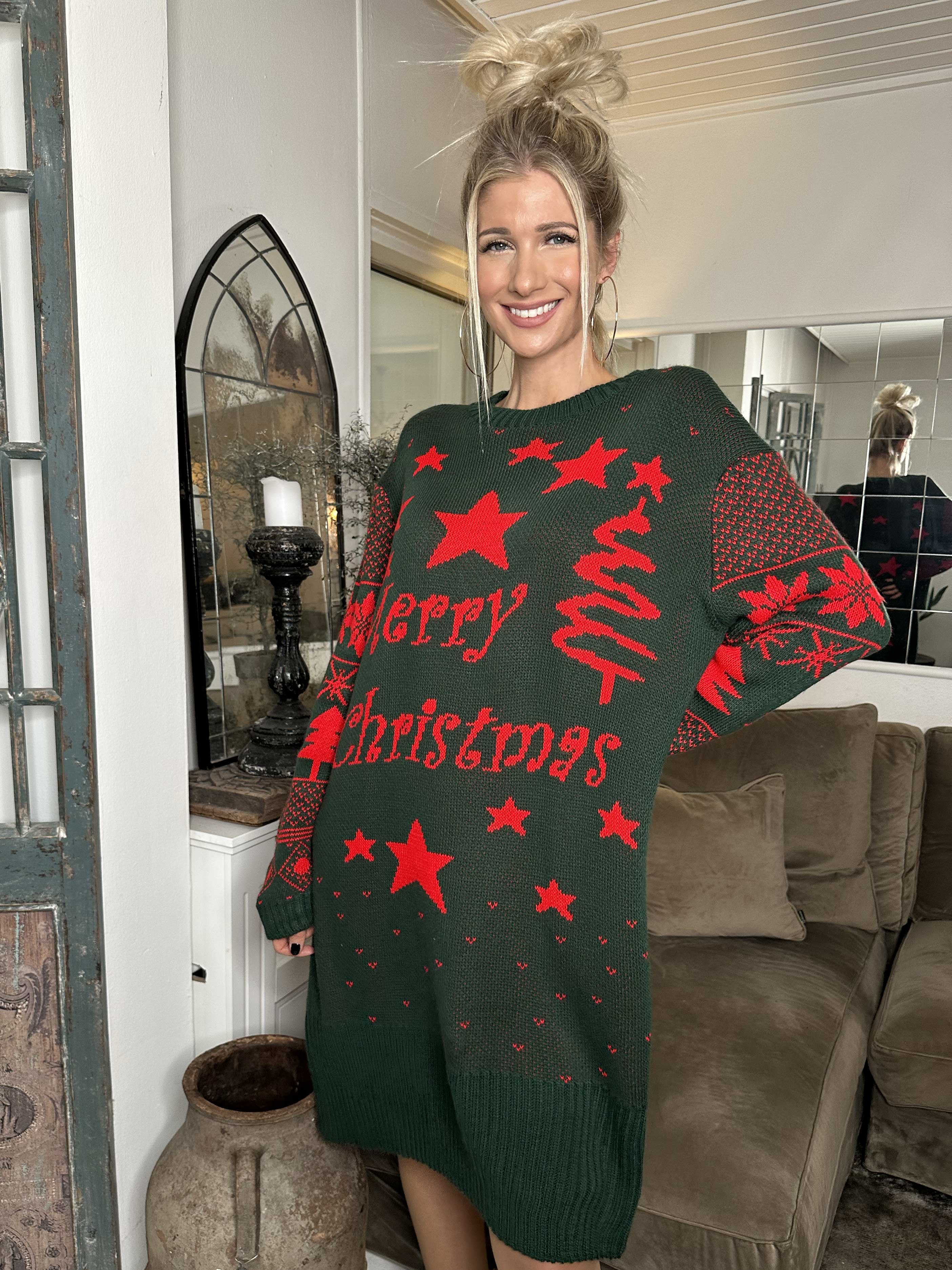 Christmas - Julestrikkjole med merry christmas stående