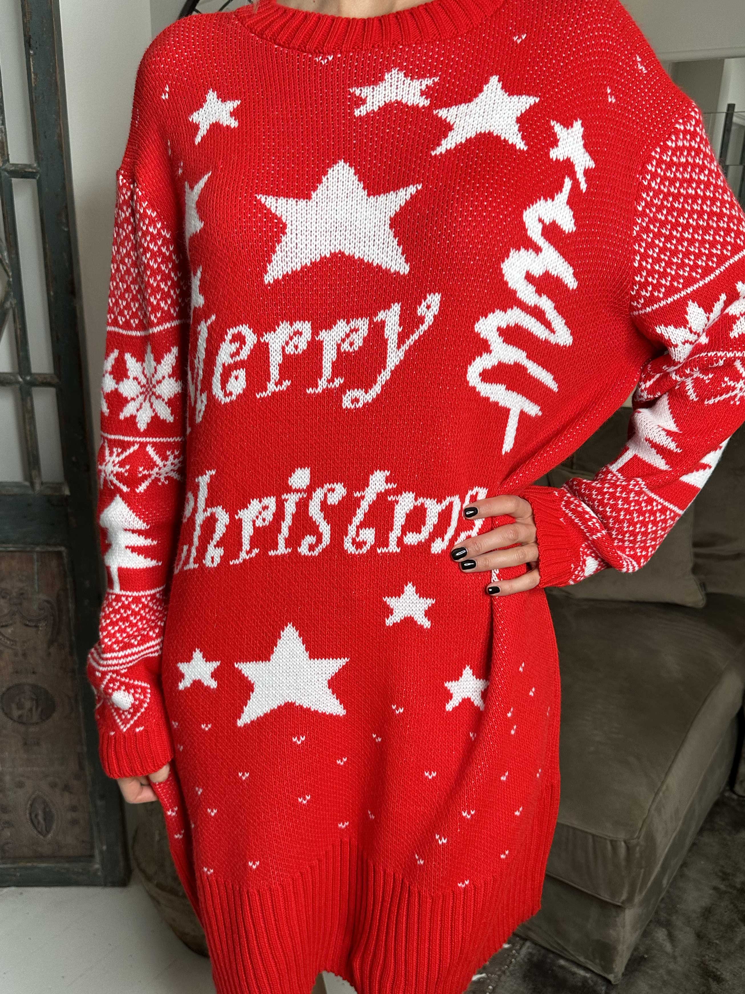 Christmas - Julestrikkjole med merry christmas stående