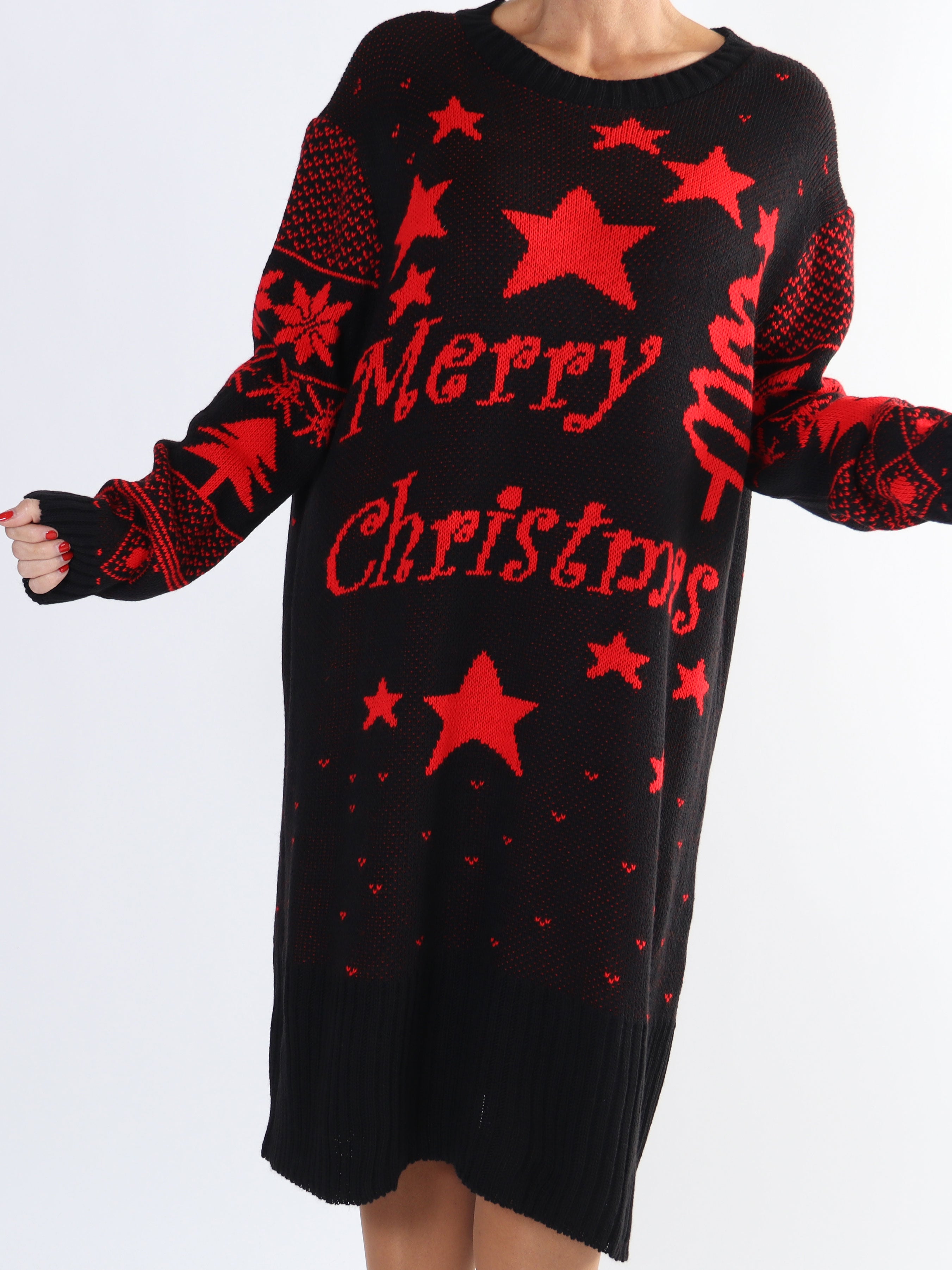 Christmas - Plus size julestrikkjole med merry christmas stående