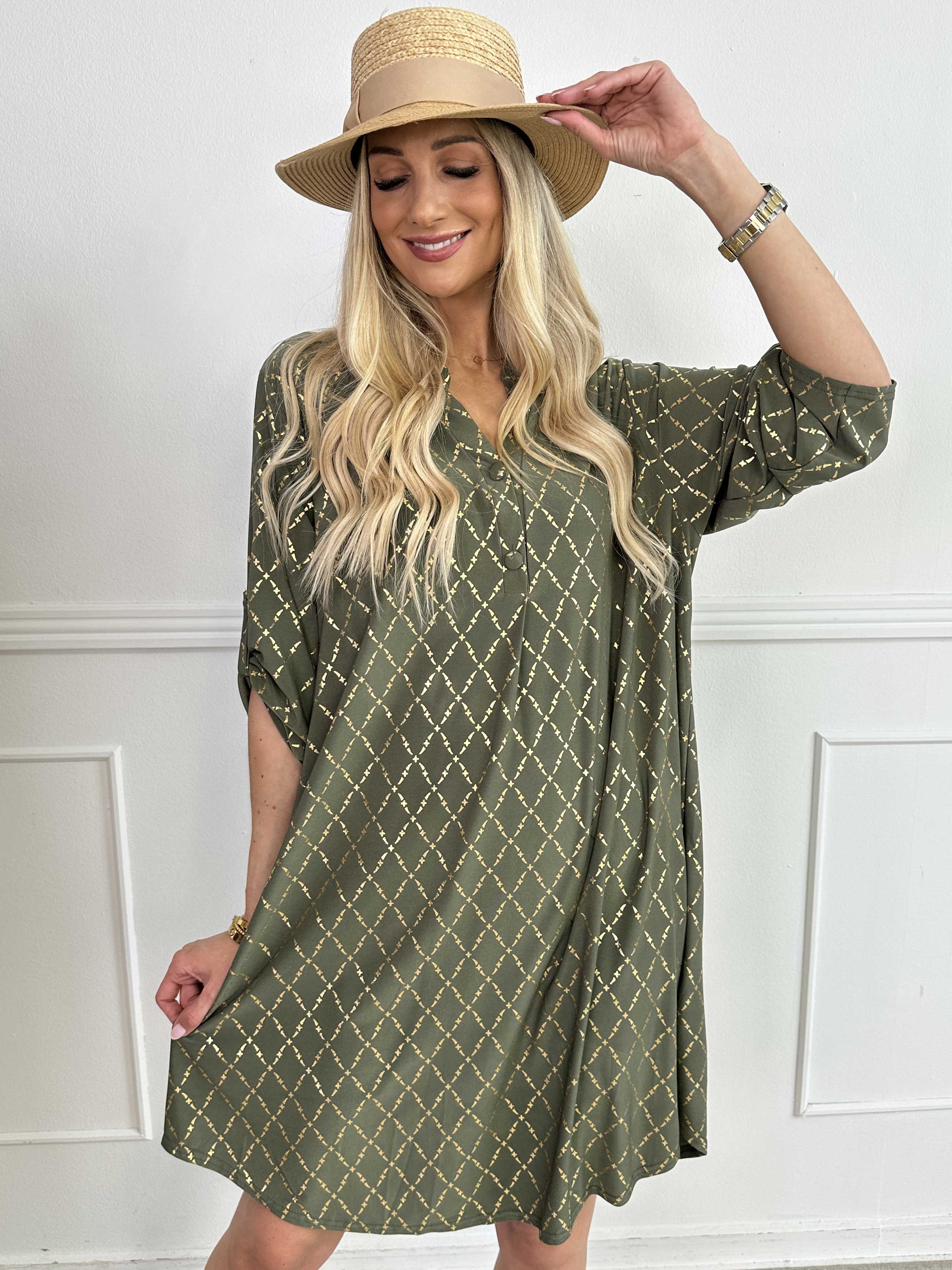 Ebba Gold Check Long - Elastisk kjole med guld detaljer