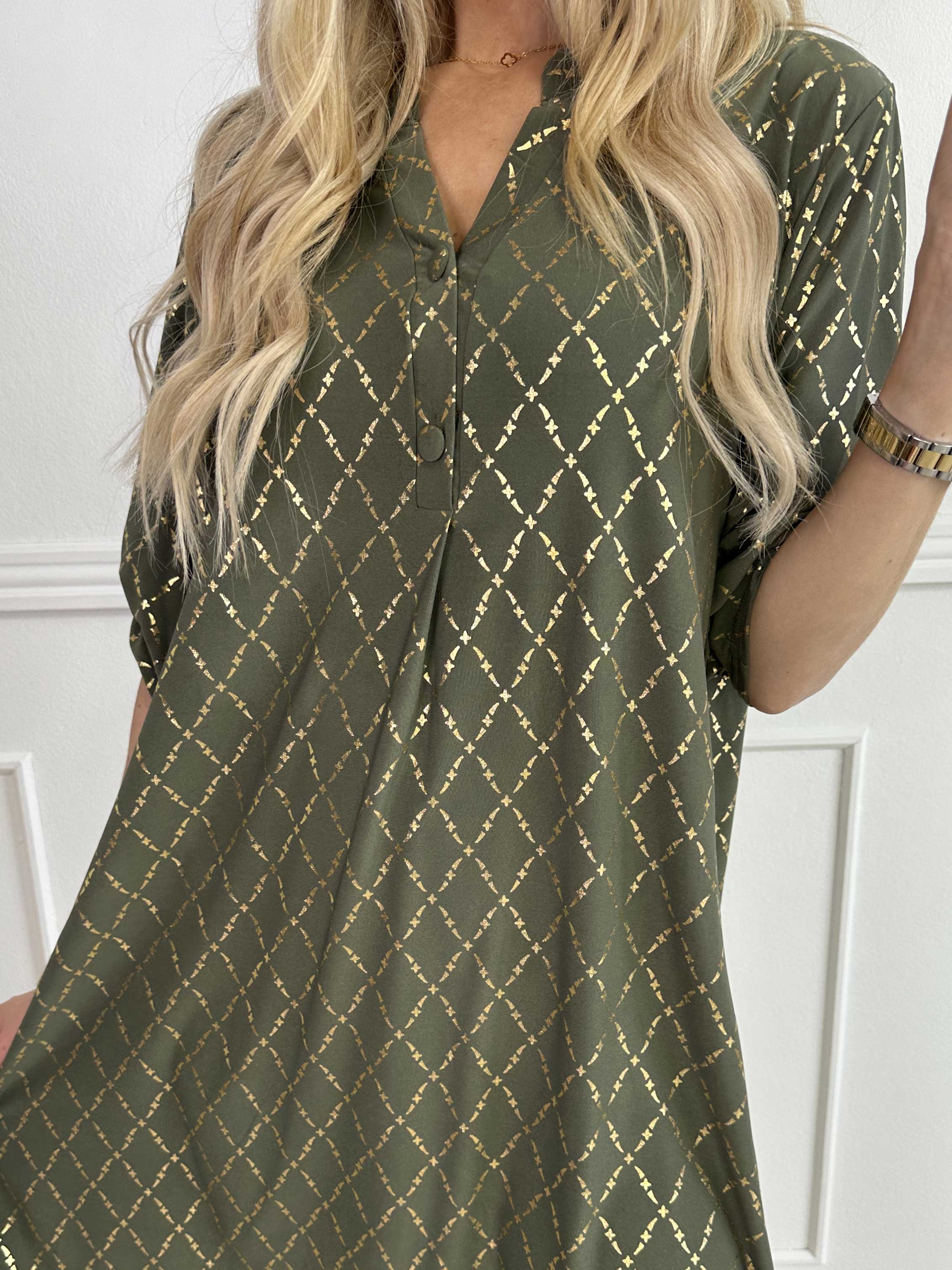 Ebba Gold Check Long - Elastisk kjole med guld detaljer