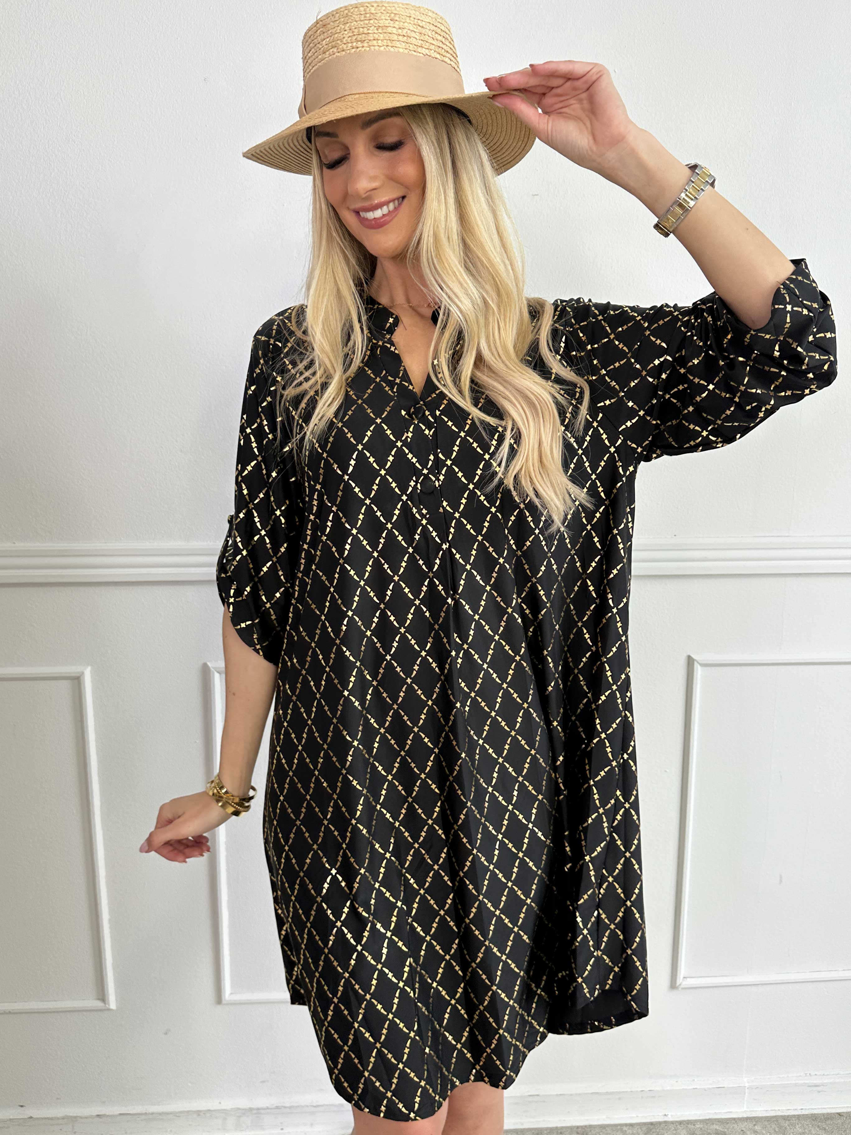 Ebba Gold Check Long - Elastisk kjole med guld detaljer