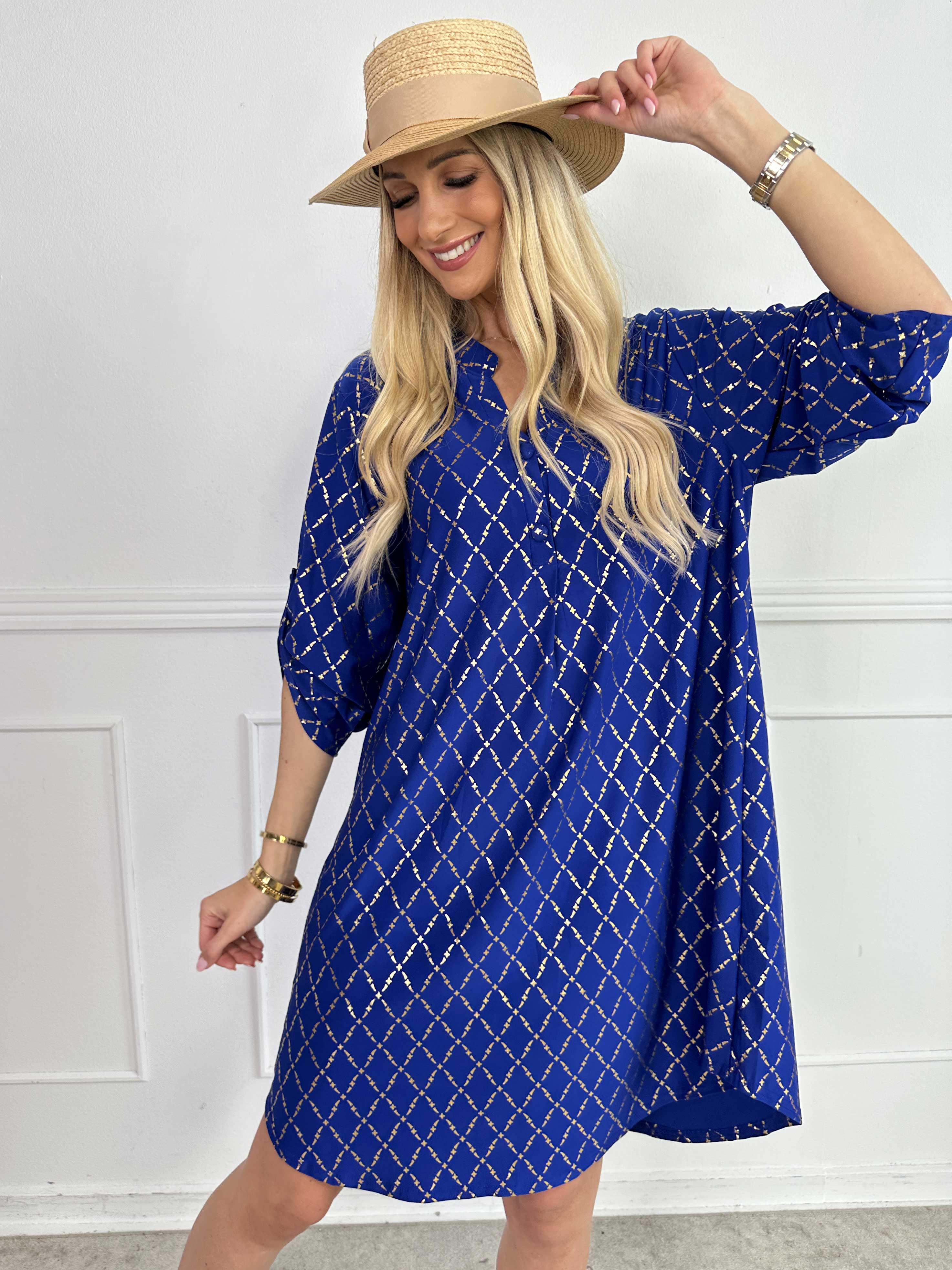 Ebba Gold Check Long - Elastisk kjole med guld detaljer