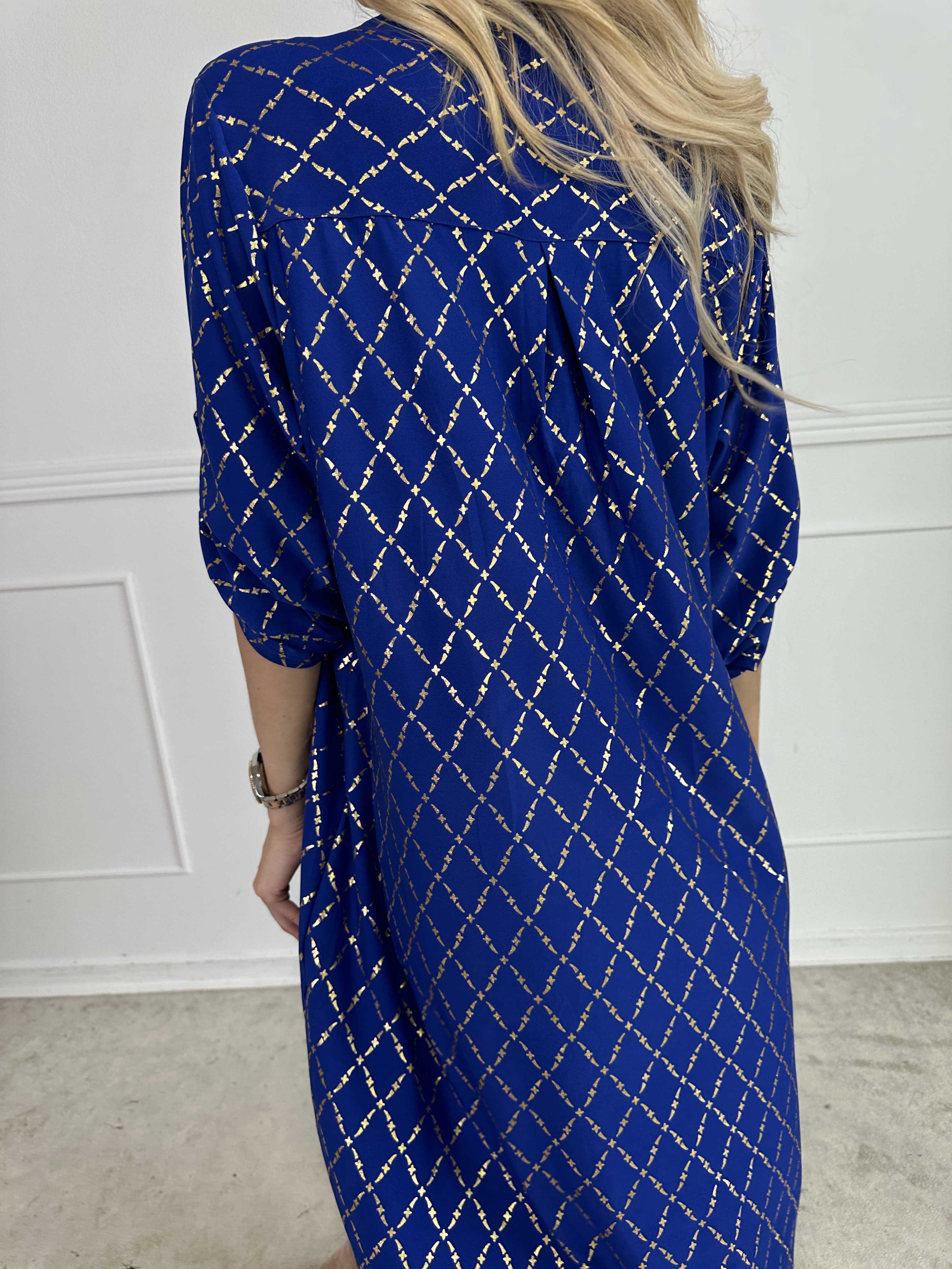 Ebba Gold Check Long - Elastisk kjole med guld detaljer