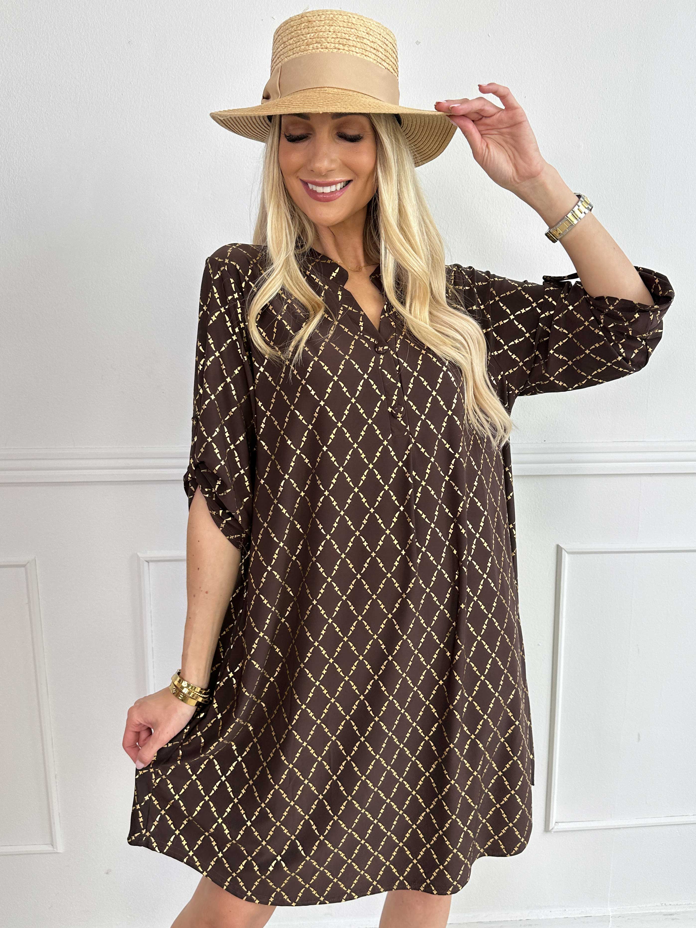 Ebba Gold Check Long - Elastisk kjole med guld detaljer