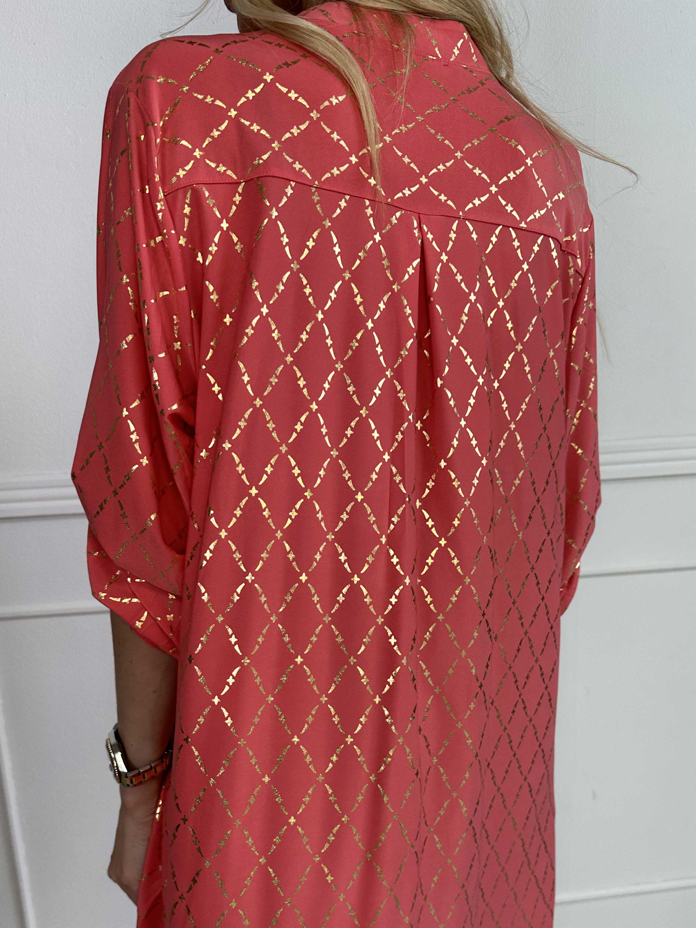 Ebba Gold Check Long - Elastisk kjole med guld detaljer