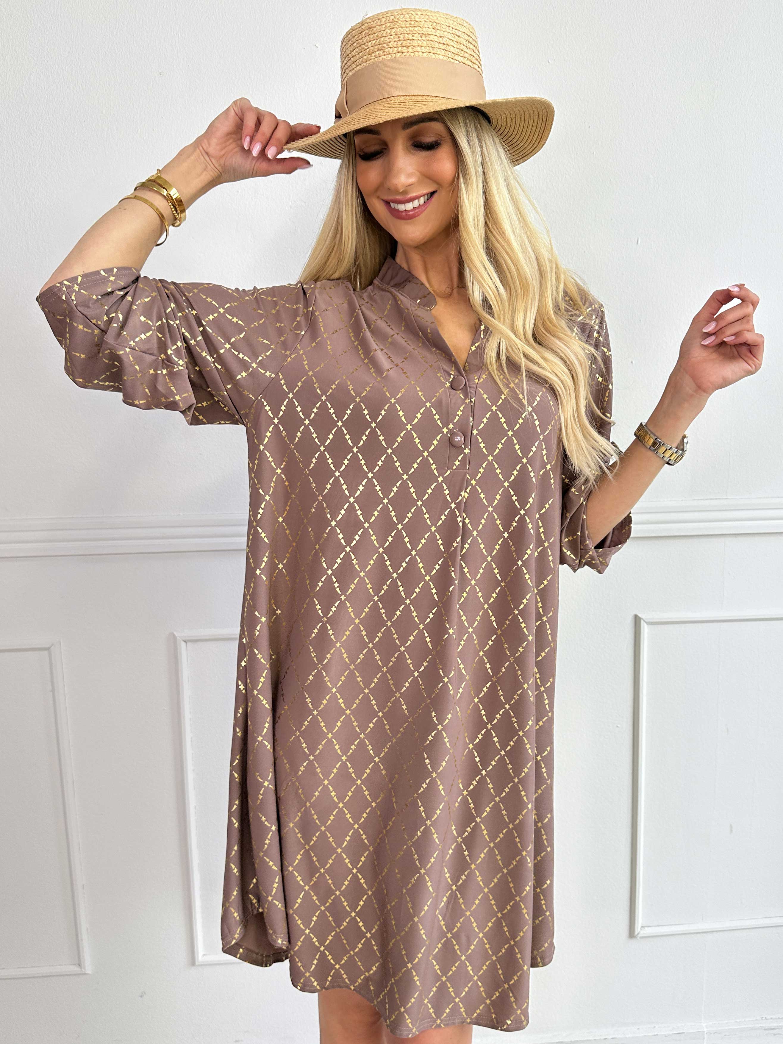 Ebba Gold Check Long - Elastisk kjole med guld detaljer