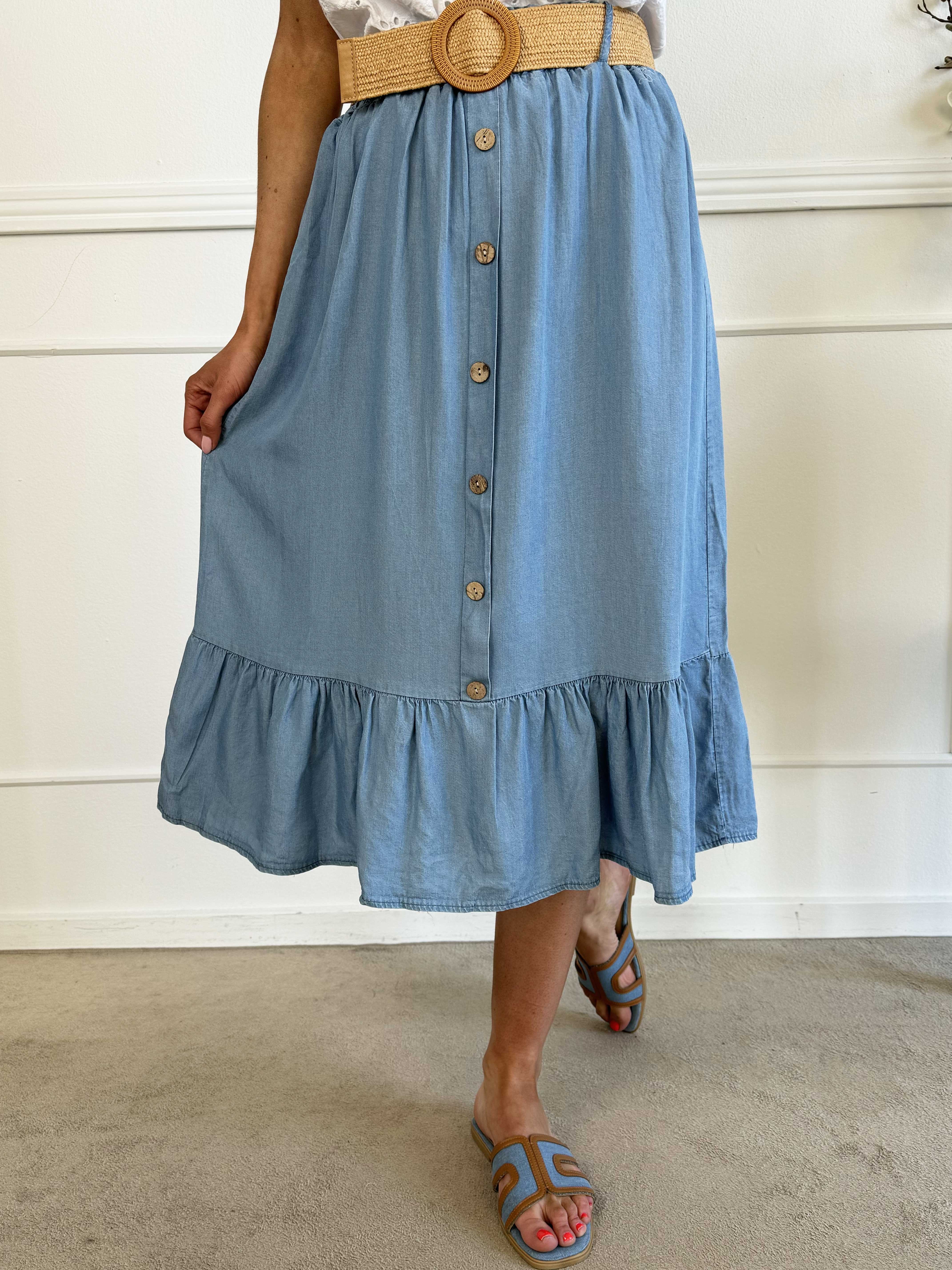 Edessa - Denim nederdel i let stof med bælte