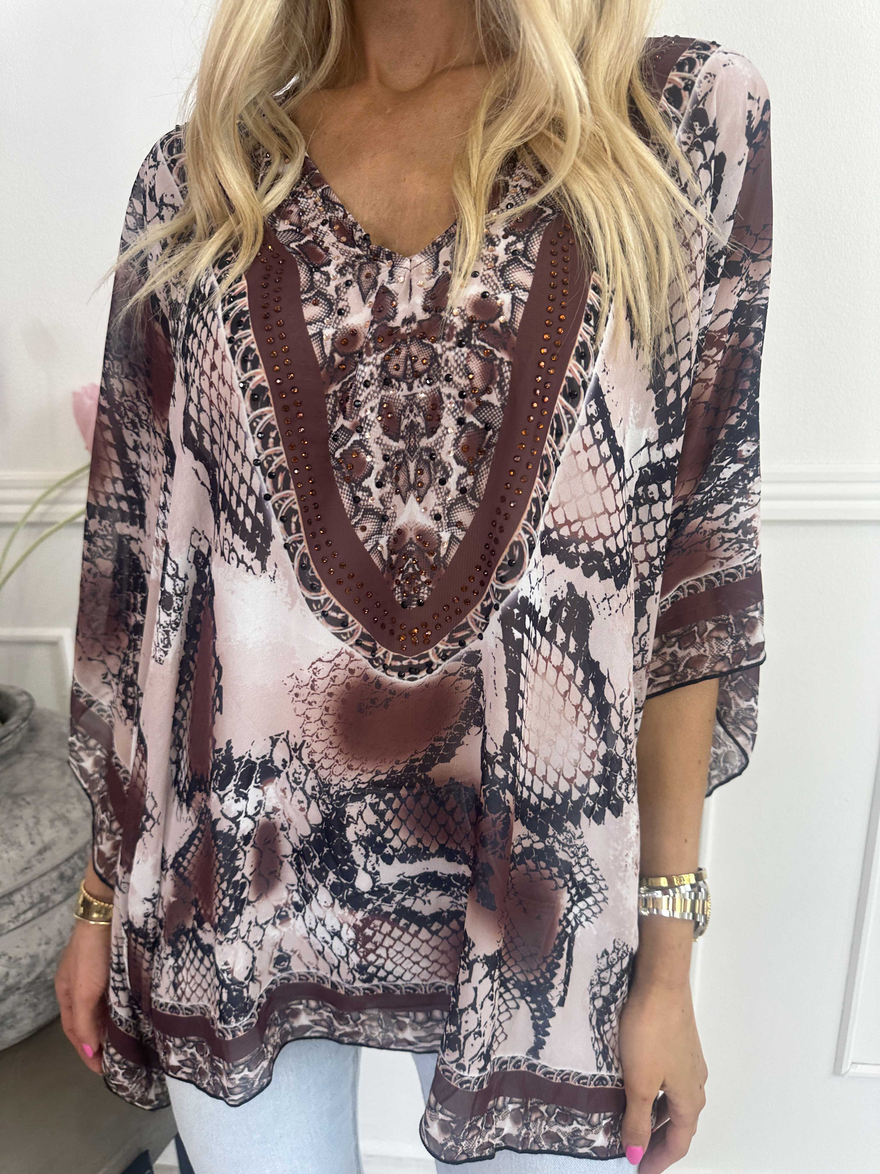 Harmonia - Mønstret tunika i chiffon med similisten