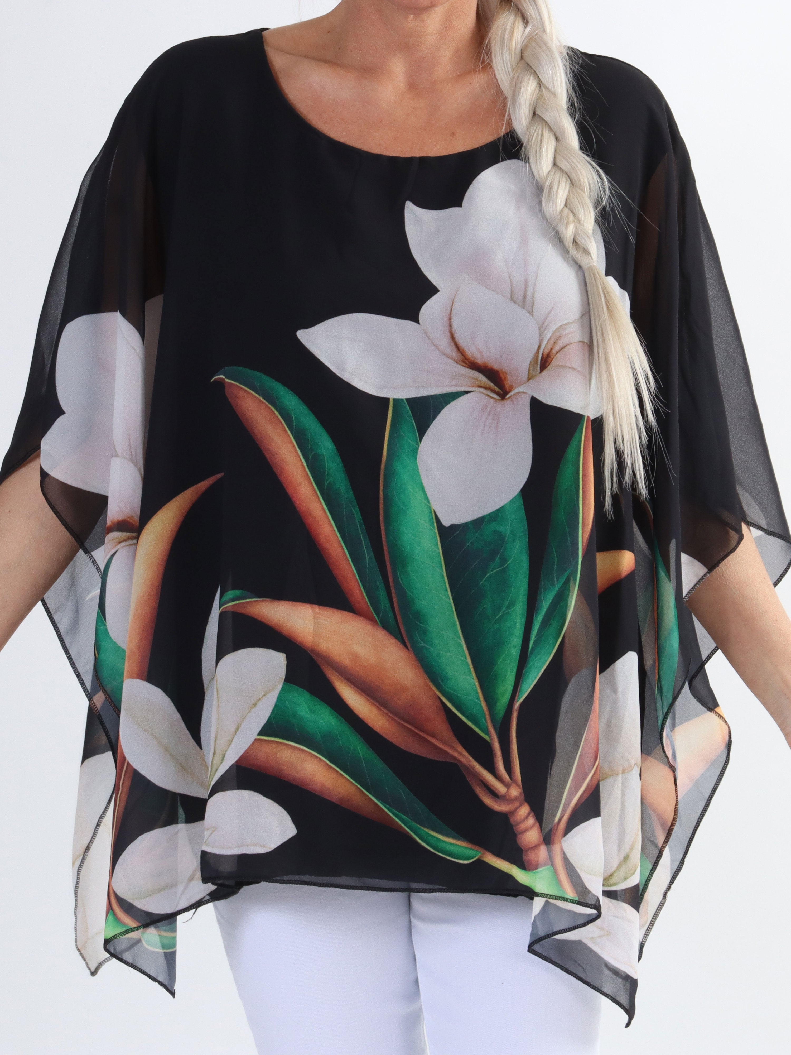 Mian - Farverig plus size tunika med chiffonlag