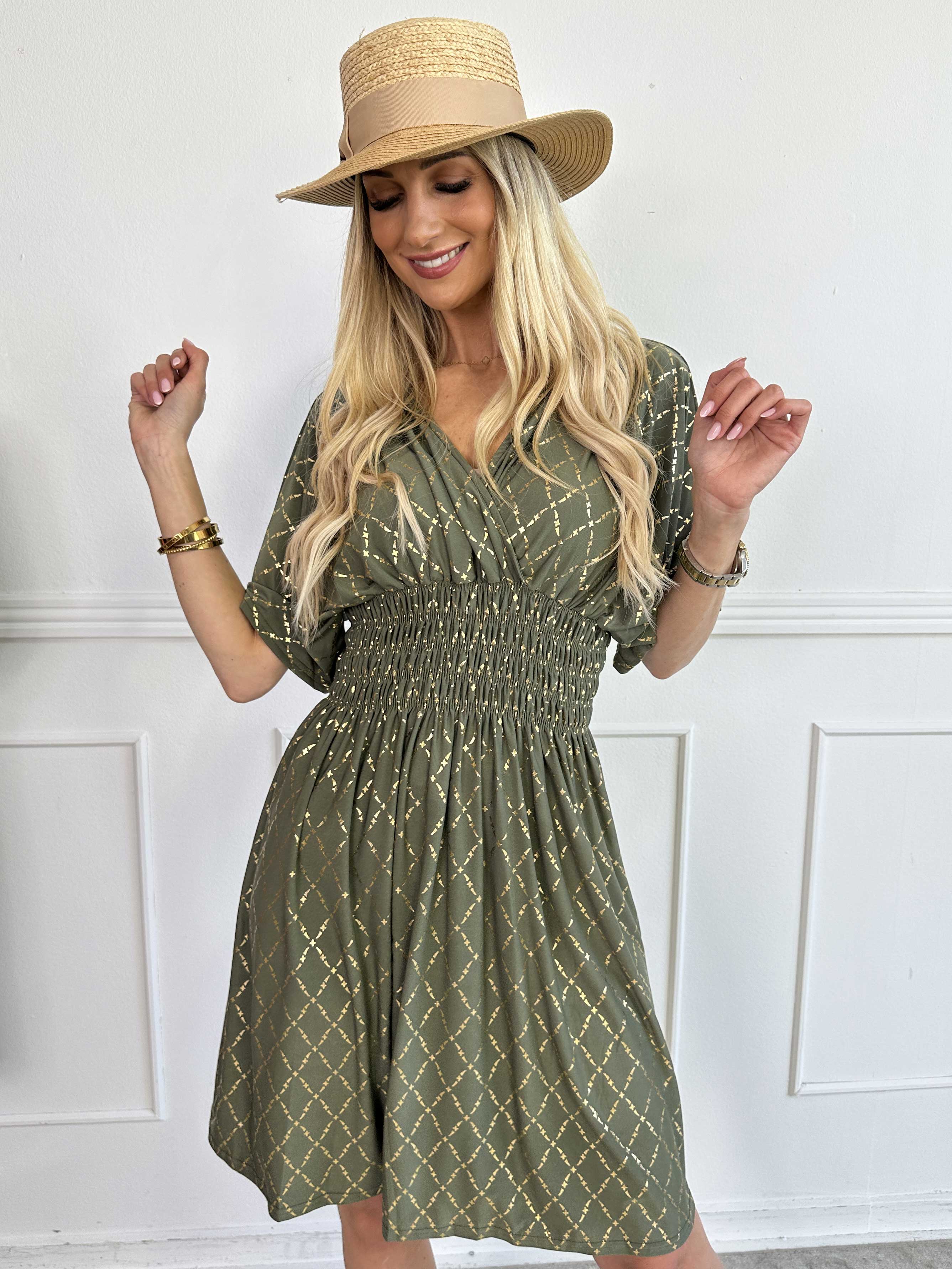 Pams Gold Check Short - Kort elastisk kjole med guld detaljer