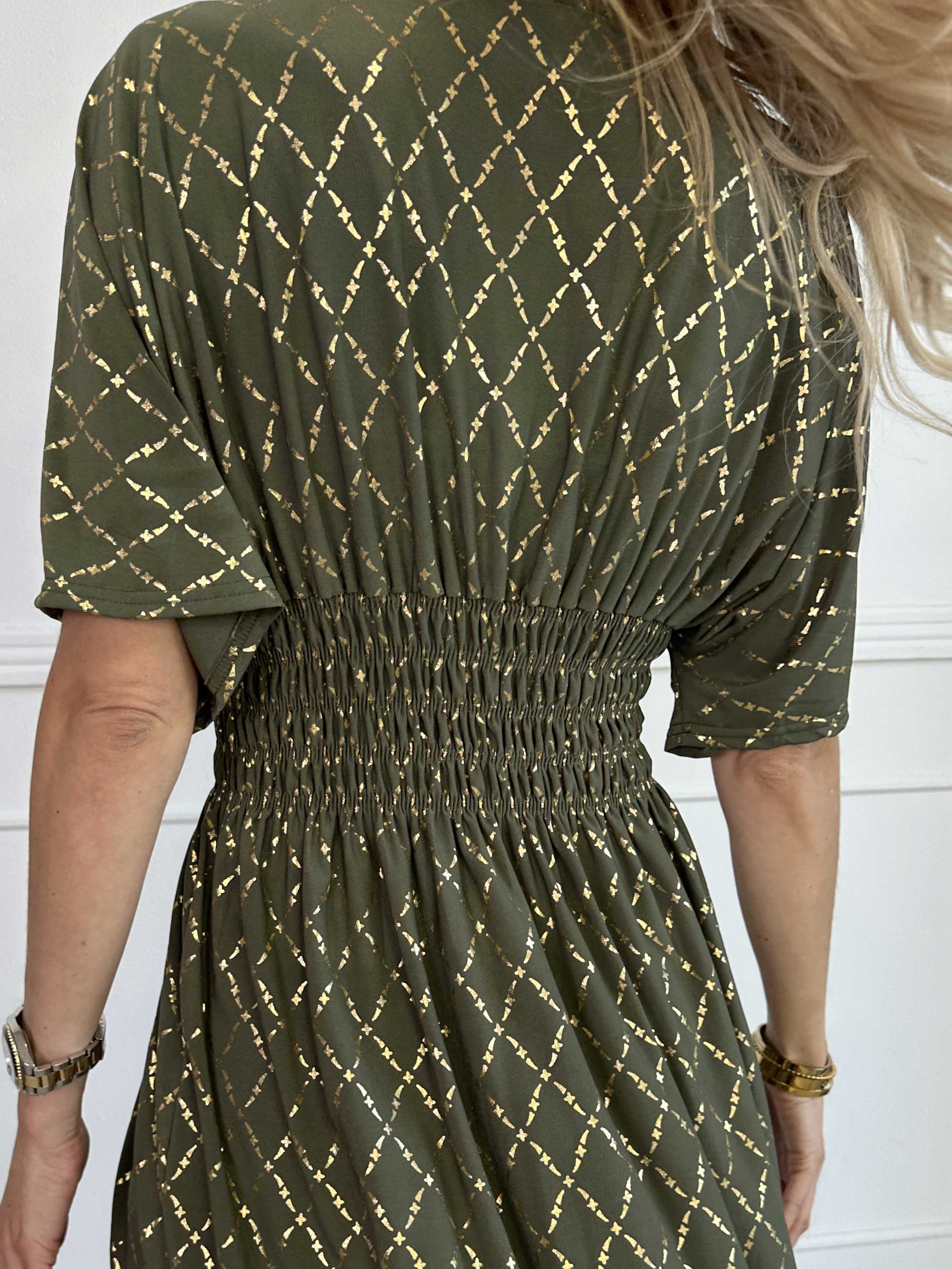 Pams Gold Check Short - Kort elastisk kjole med guld detaljer