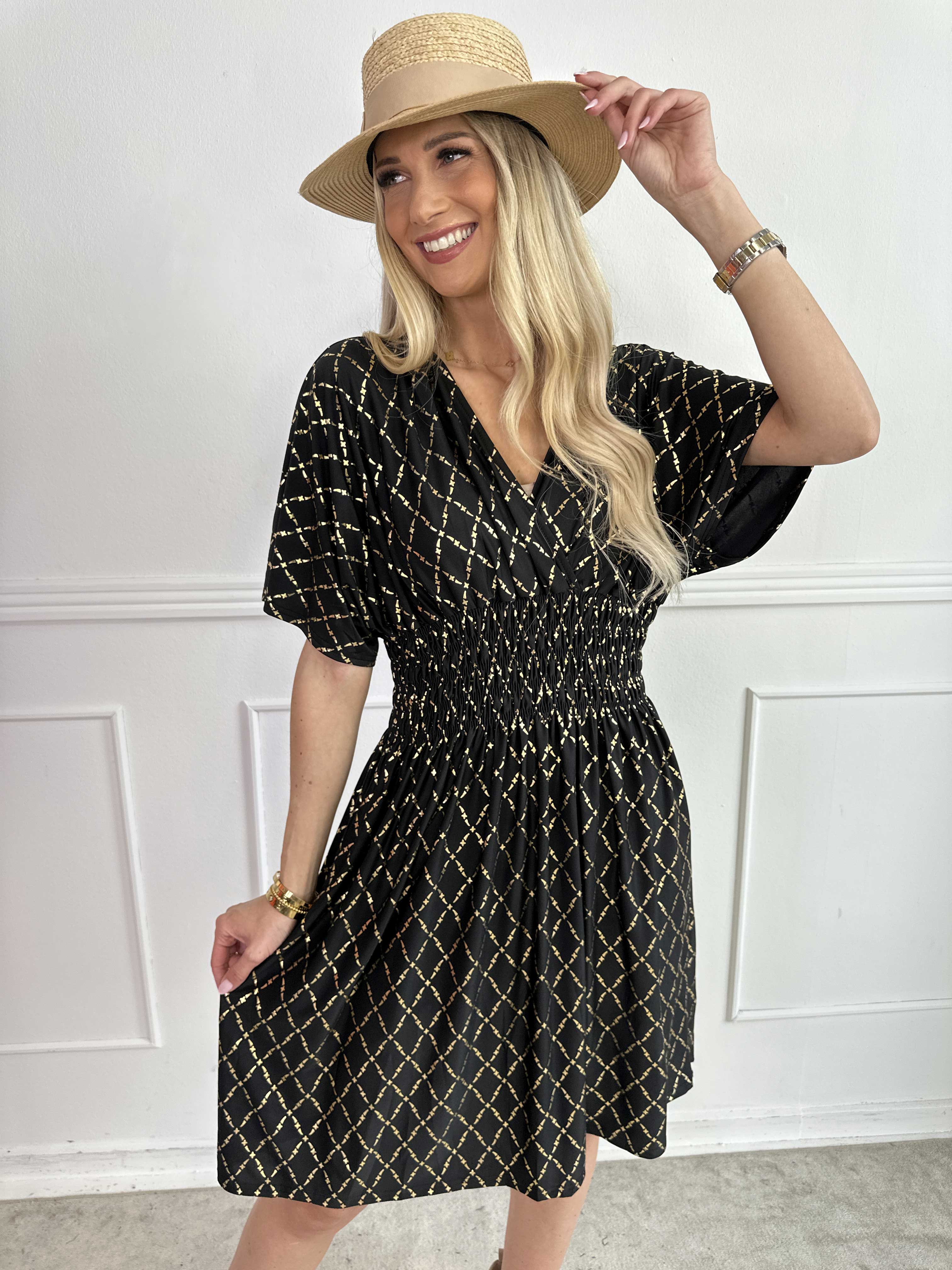 Pams Gold Check Short - Kort elastisk kjole med guld detaljer