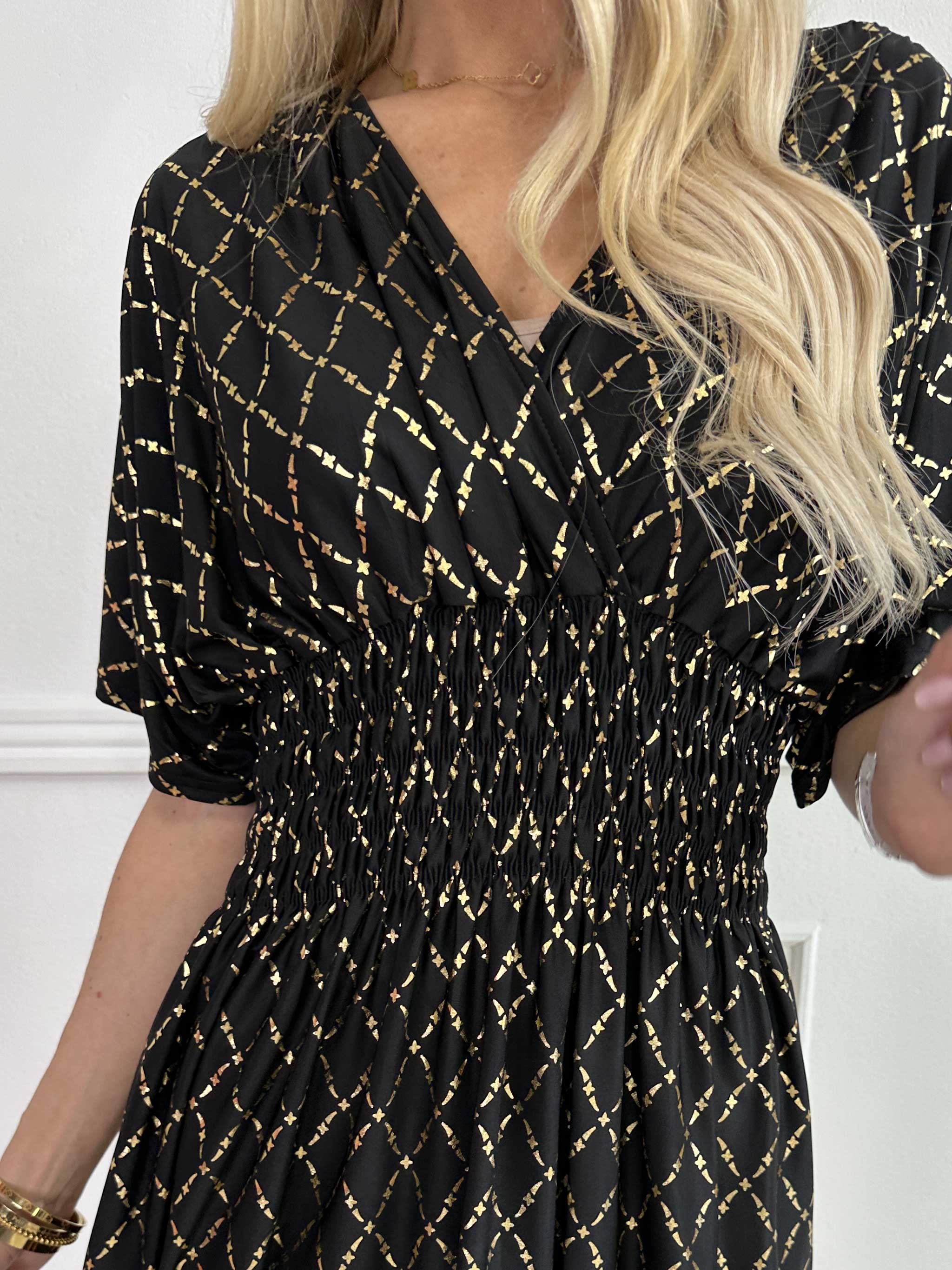 Pams Gold Check Short - Kort elastisk kjole med guld detaljer