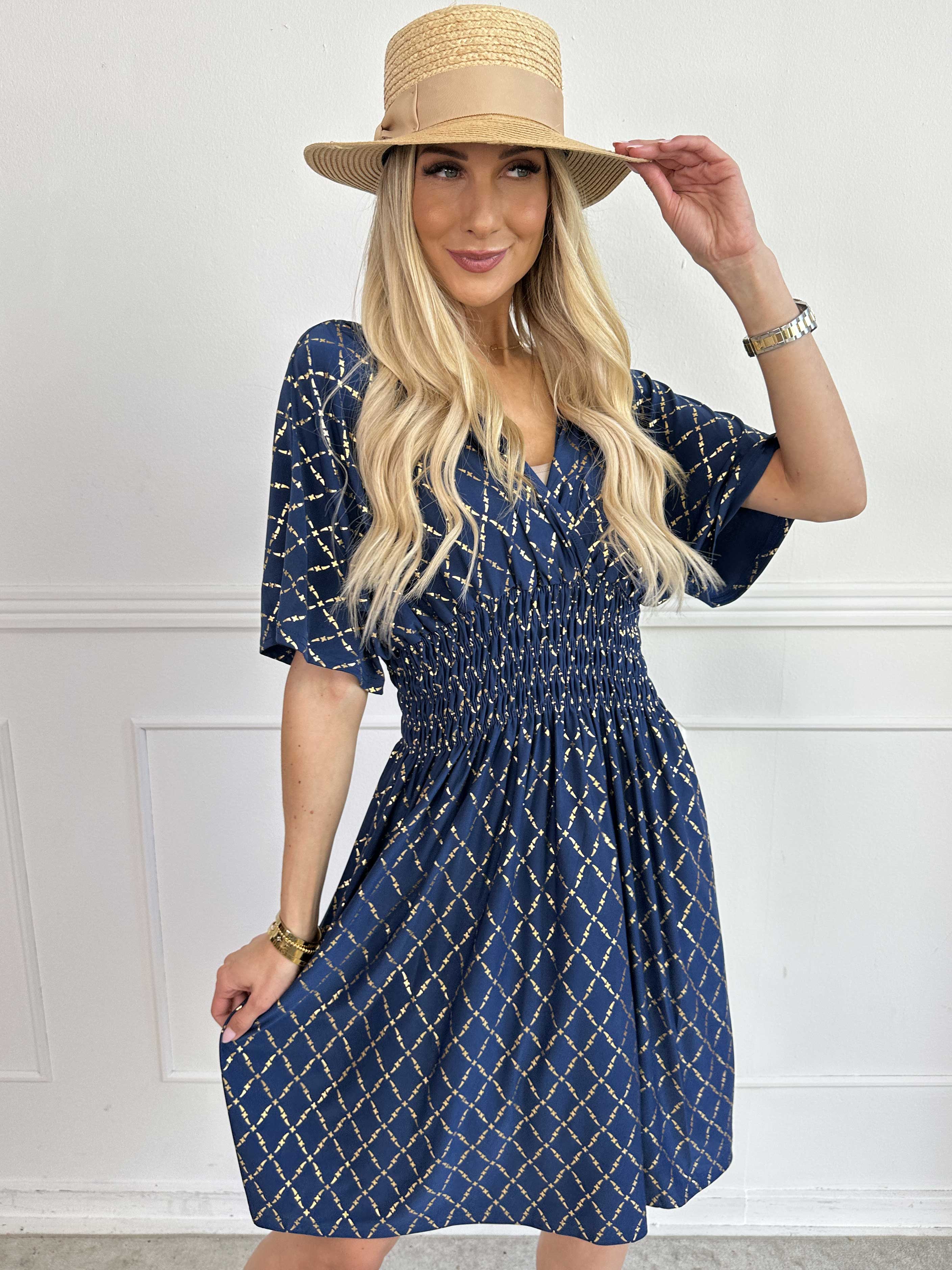 Pams Gold Check Short - Kort elastisk kjole med guld detaljer