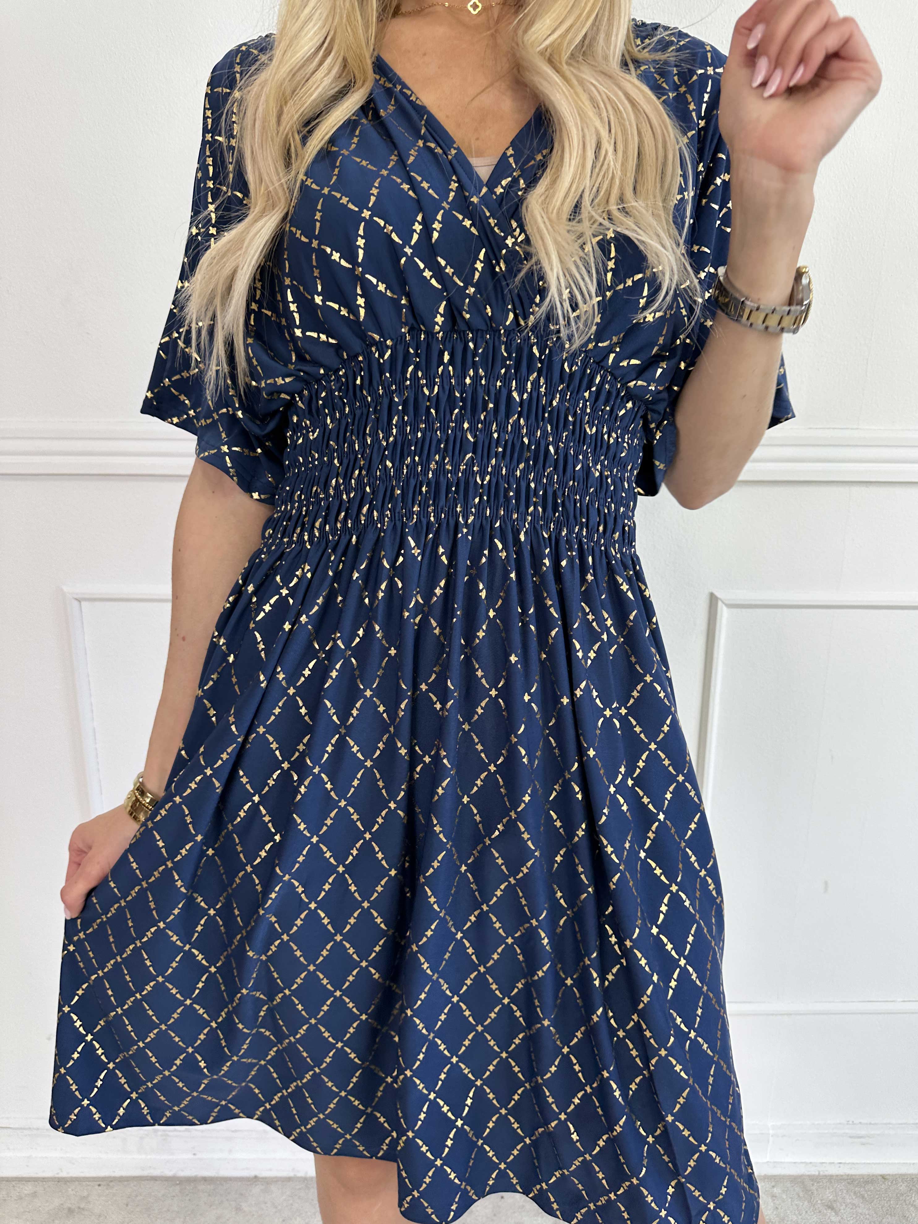 Pams Gold Check Short - Kort elastisk kjole med guld detaljer