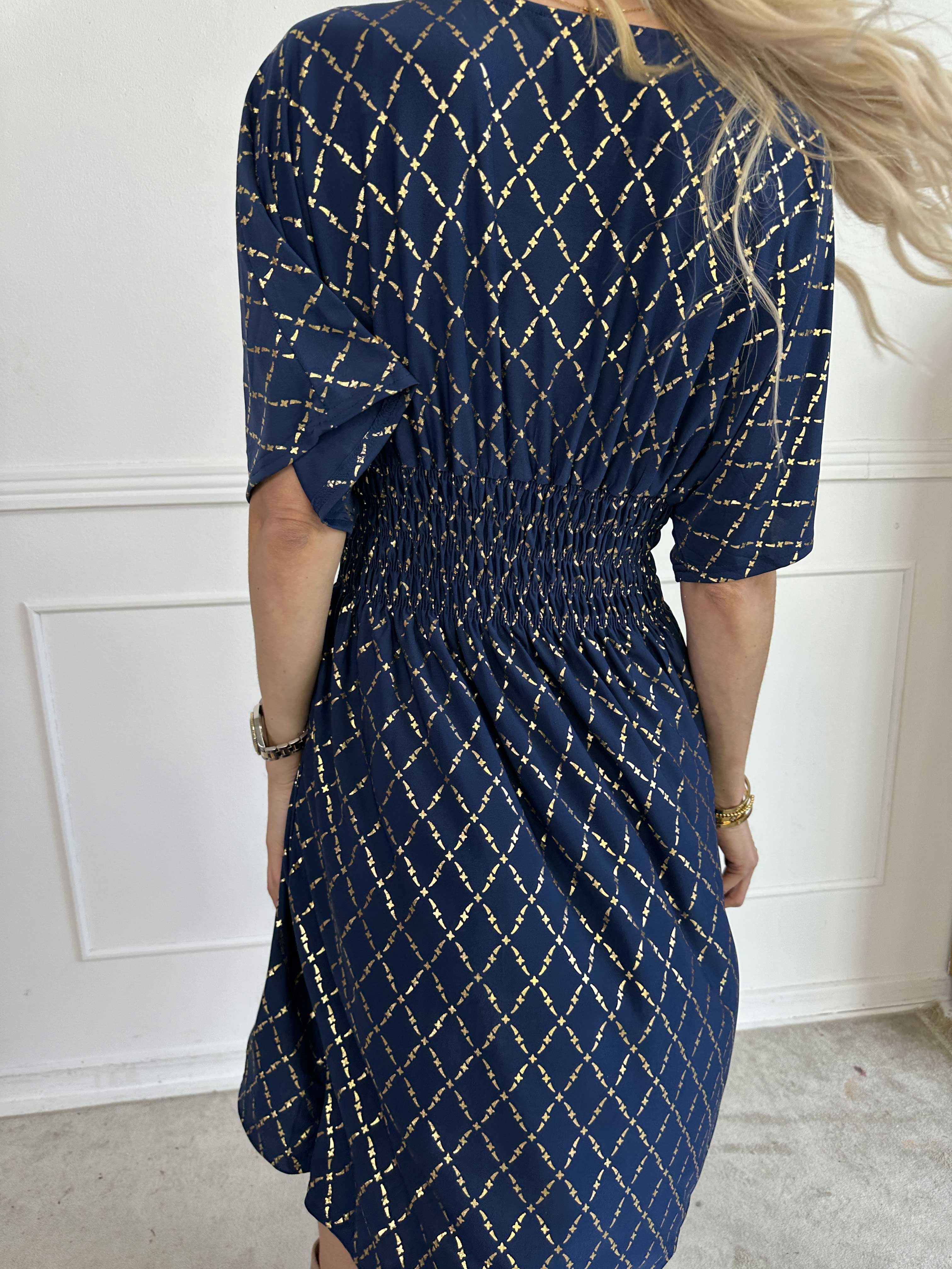 Pams Gold Check Short - Kort elastisk kjole med guld detaljer