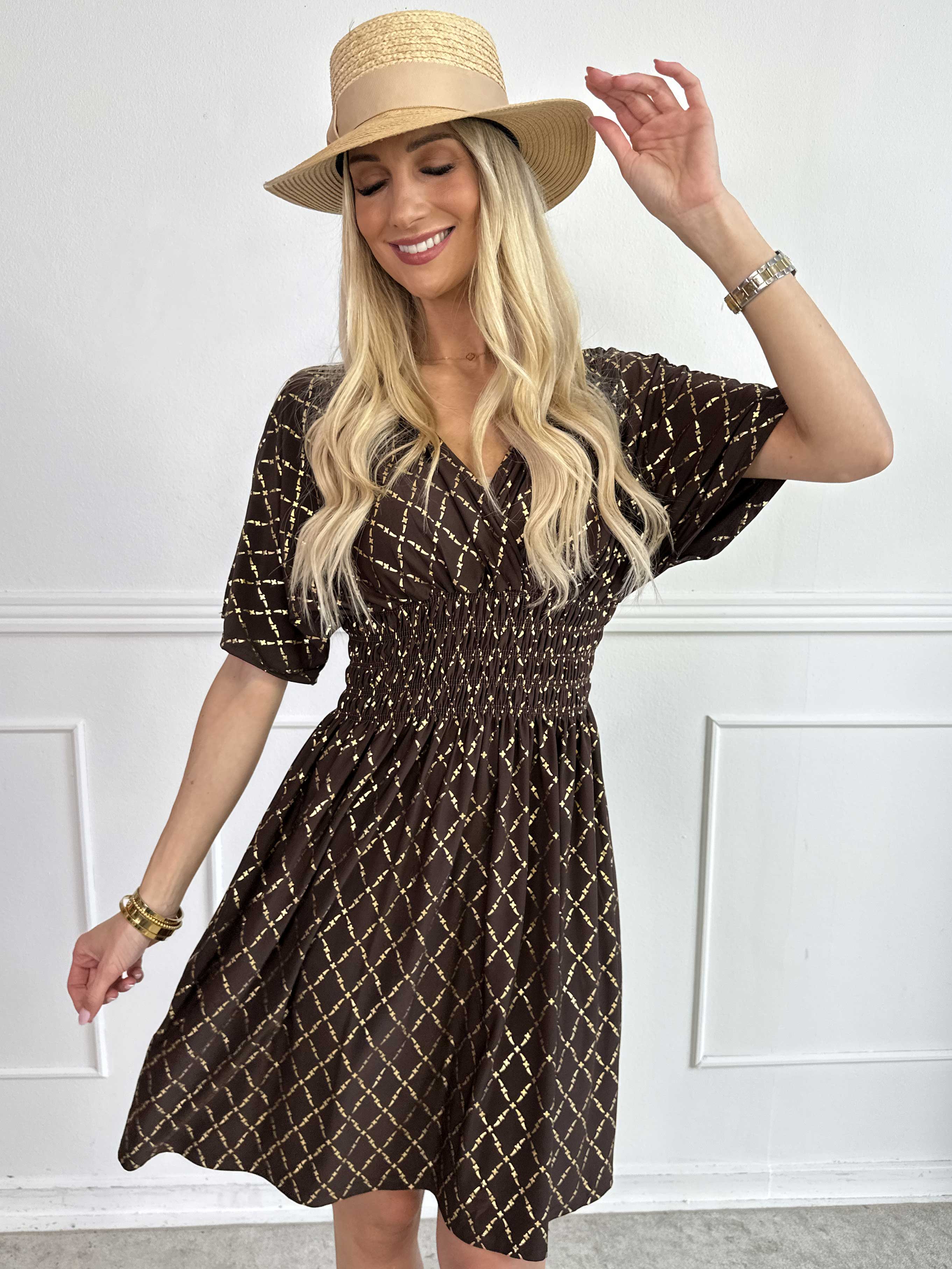 Pams Gold Check Short - Kort elastisk kjole med guld detaljer