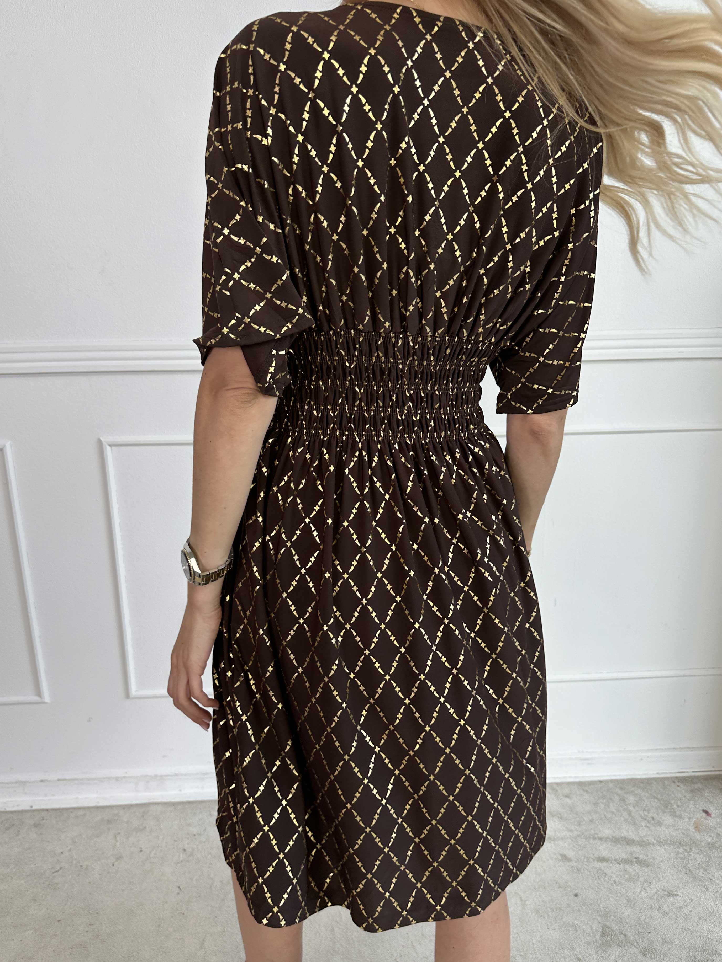 Pams Gold Check Short - Kort elastisk kjole med guld detaljer