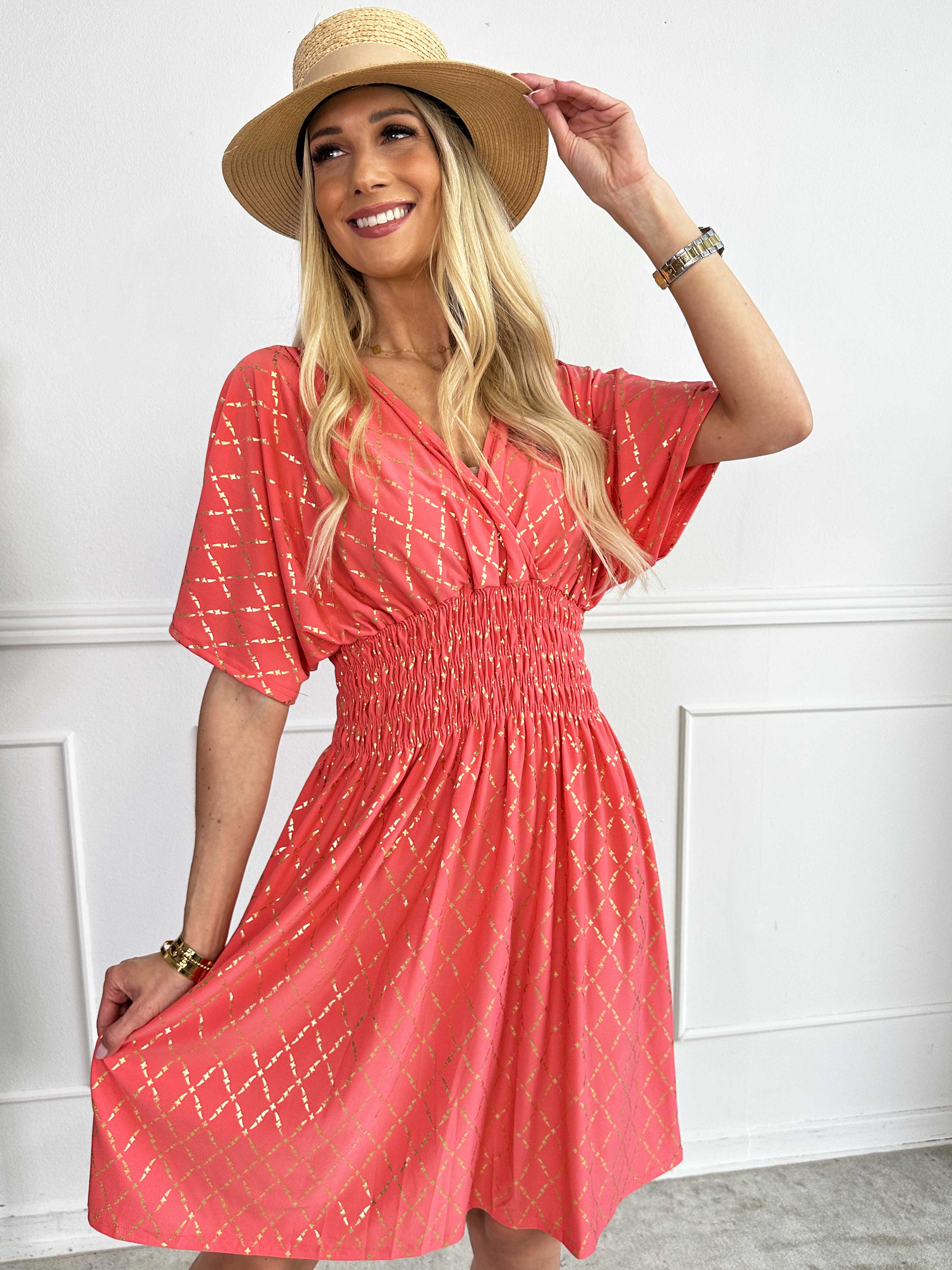 Pams Gold Check Short - Kort elastisk kjole med guld detaljer