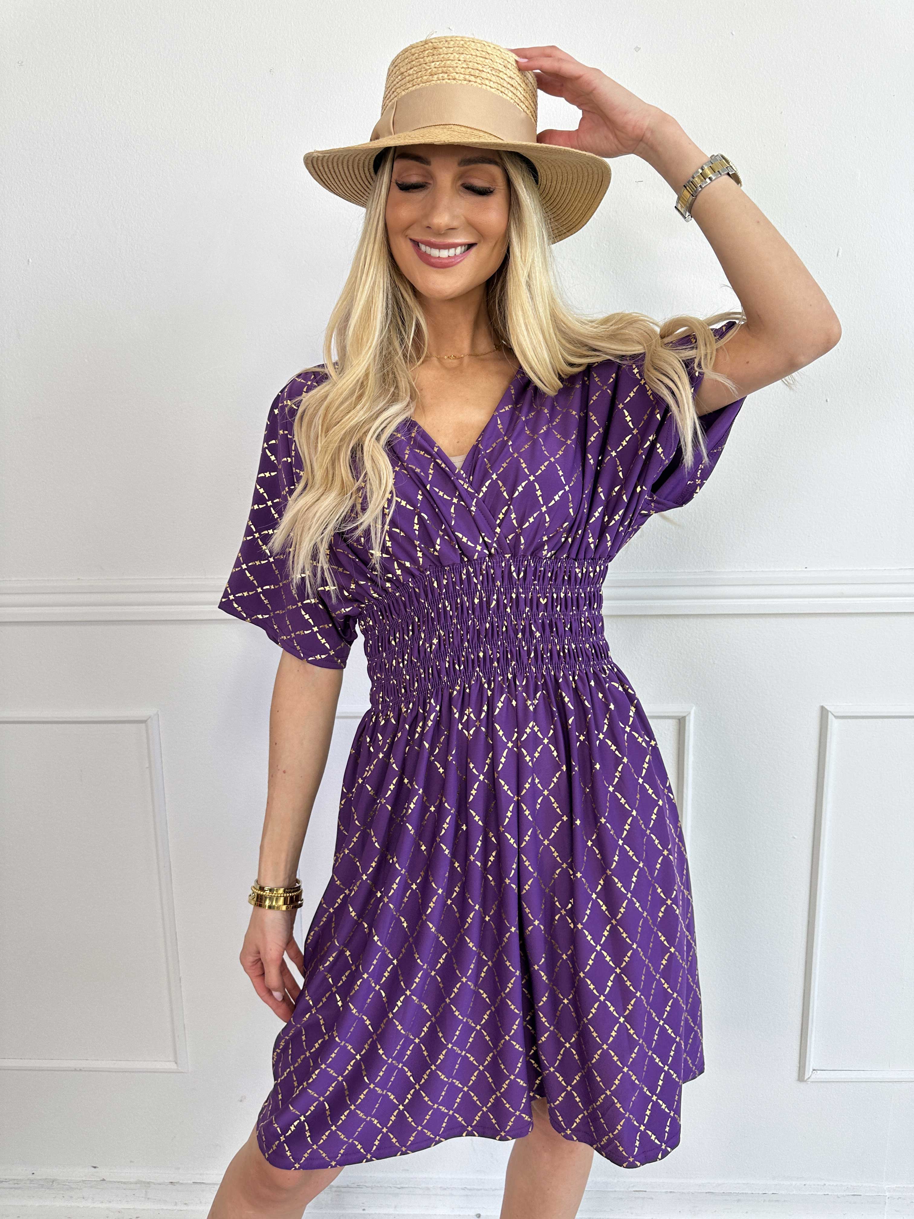 Pams Gold Check Short - Kort elastisk kjole med guld detaljer