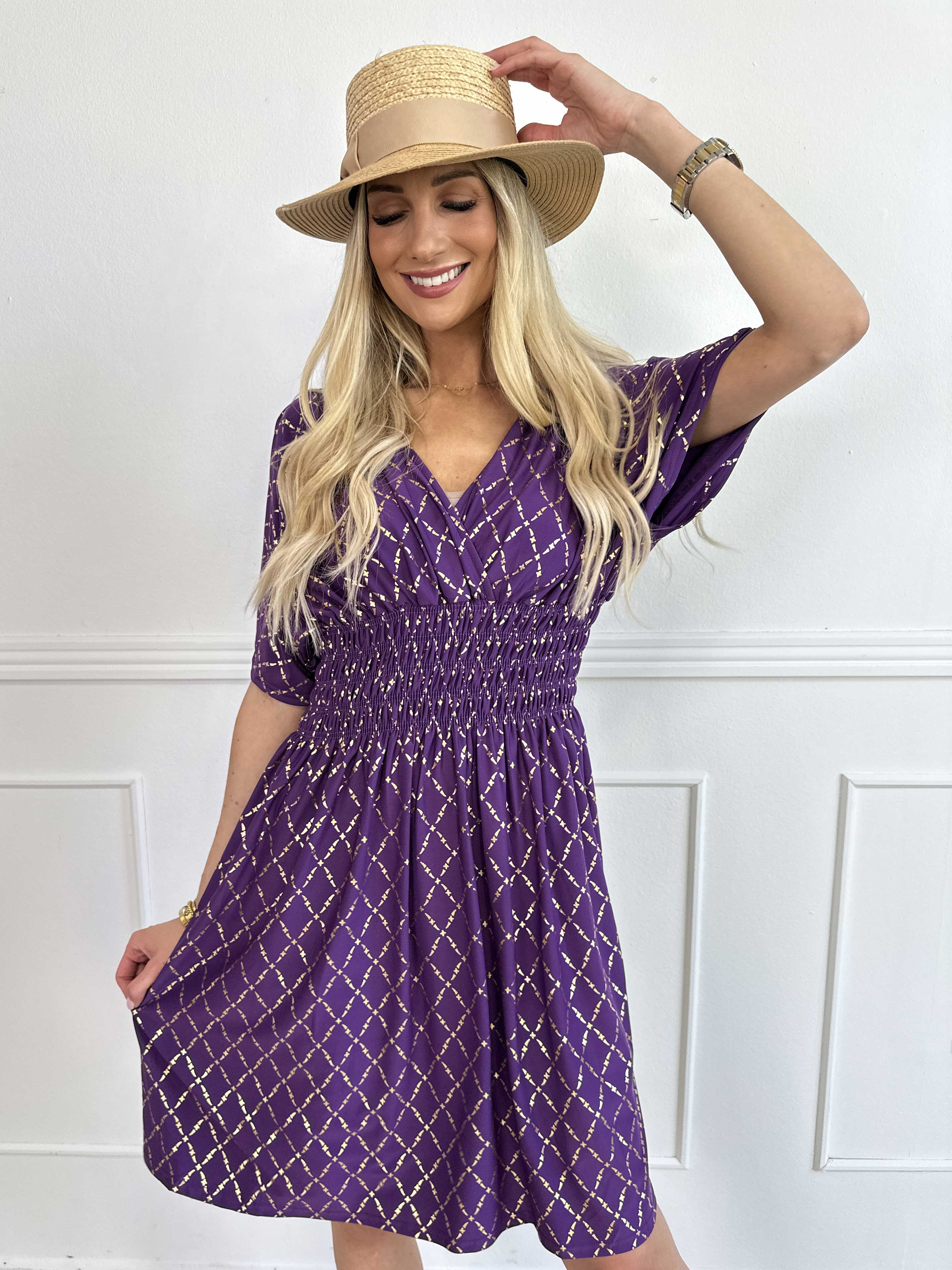 Pams Gold Check Short - Kort elastisk kjole med guld detaljer