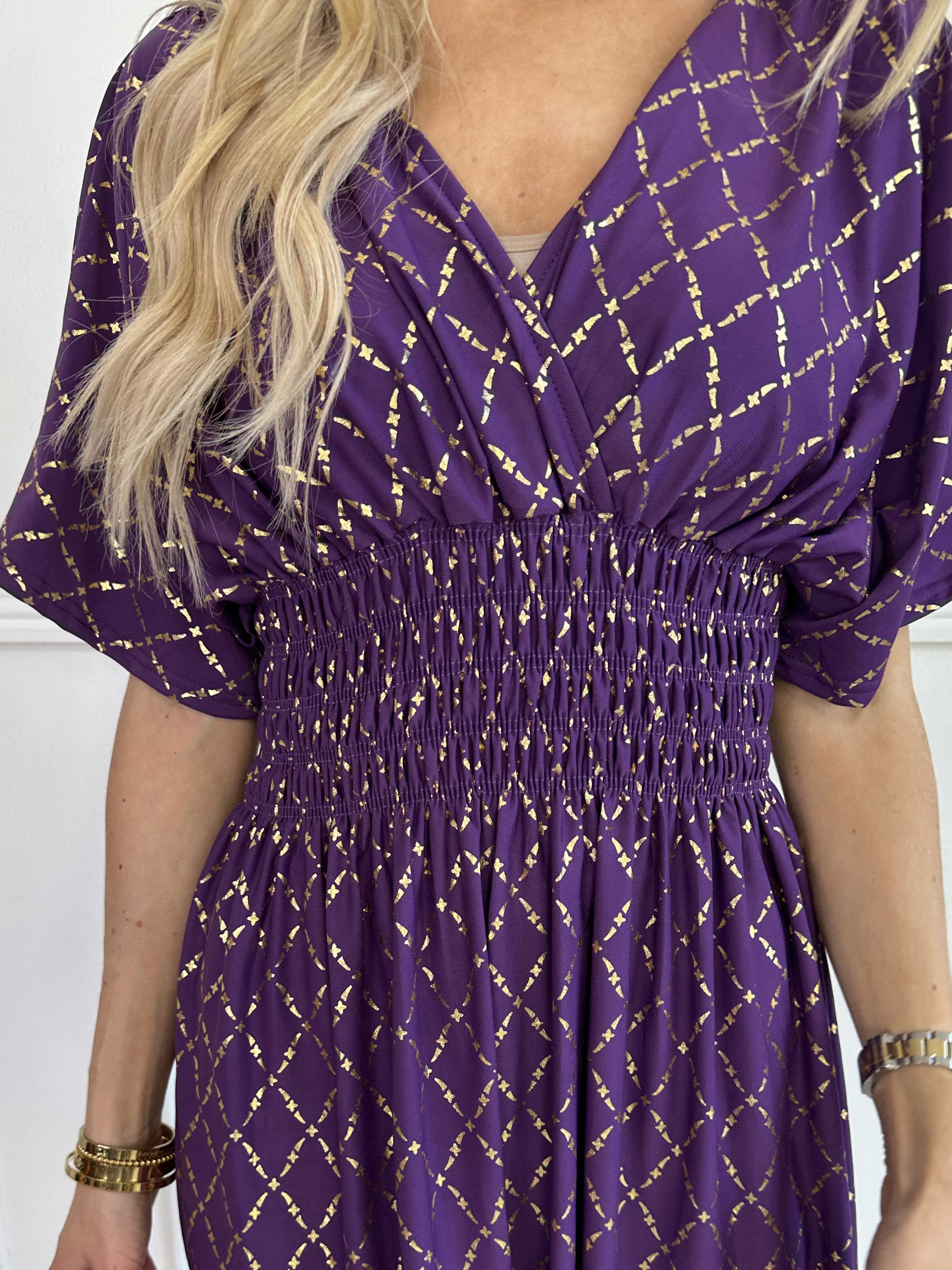 Pams Gold Check Short - Kort elastisk kjole med guld detaljer