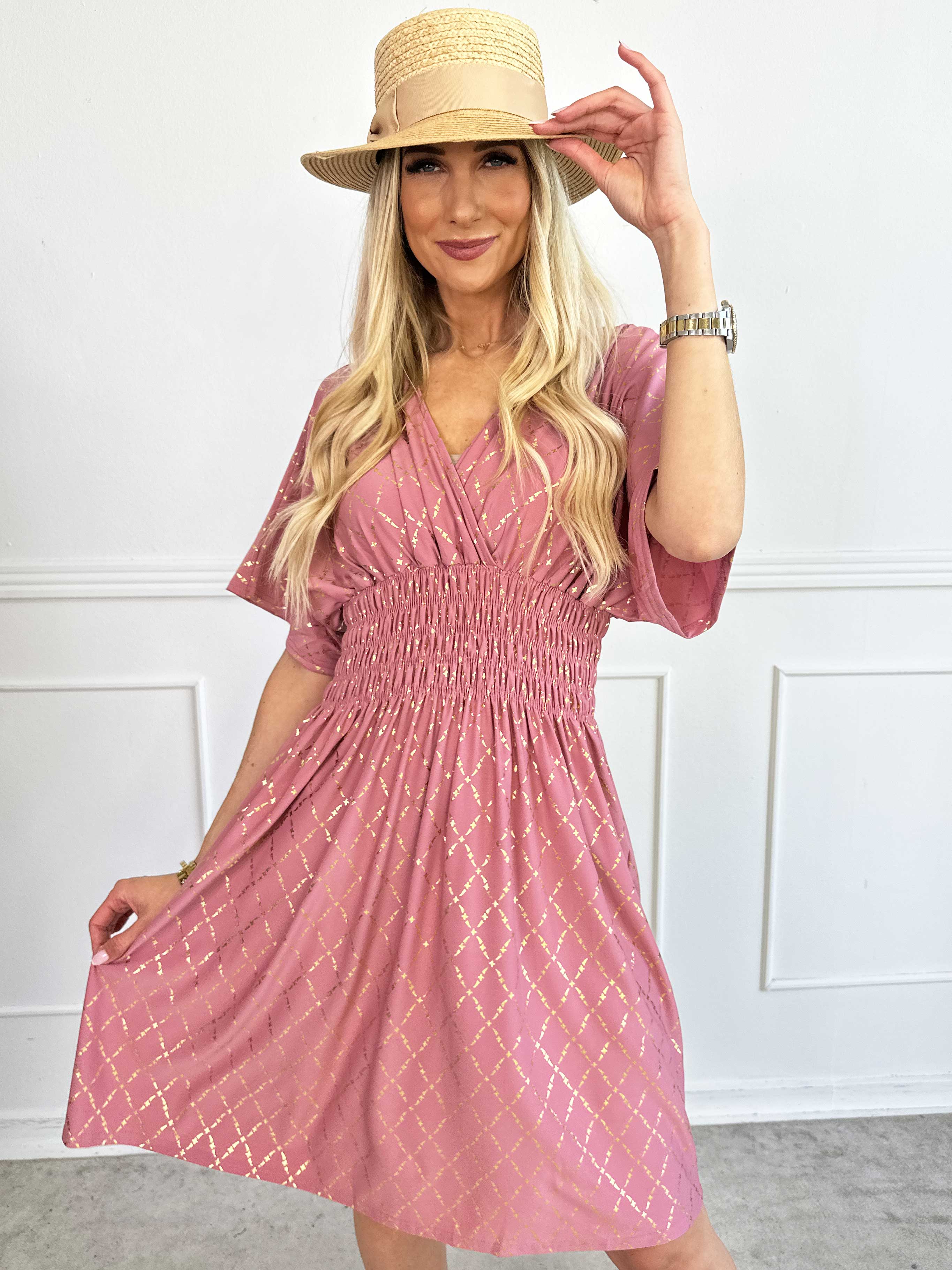 Pams Gold Check Short - Kort elastisk kjole med guld detaljer