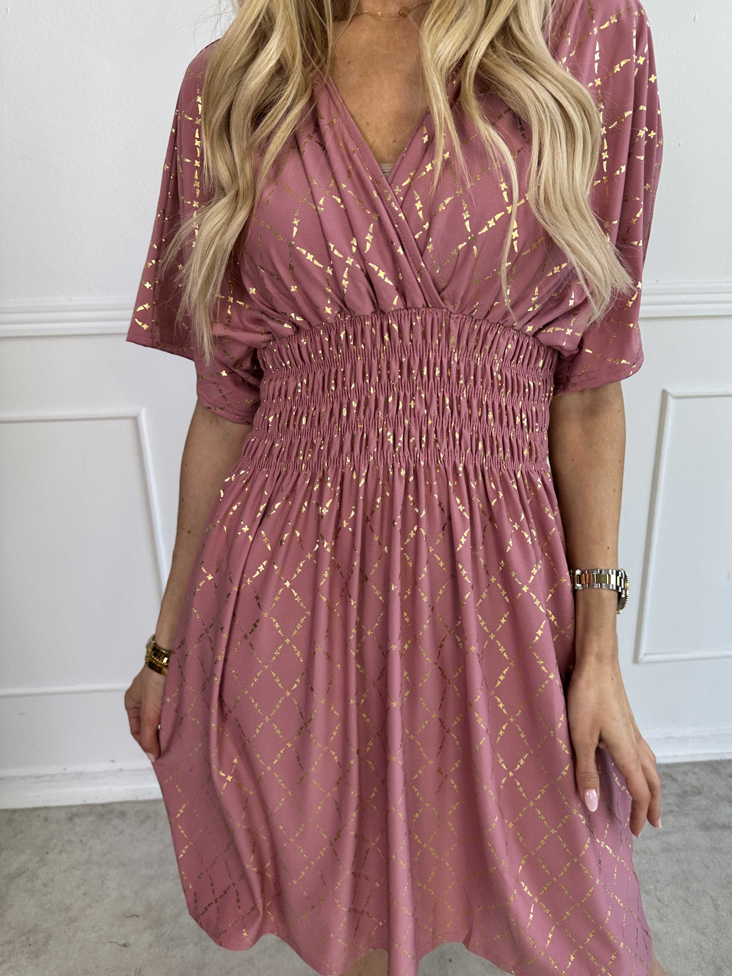 Pams Gold Check Short - Kort elastisk kjole med guld detaljer