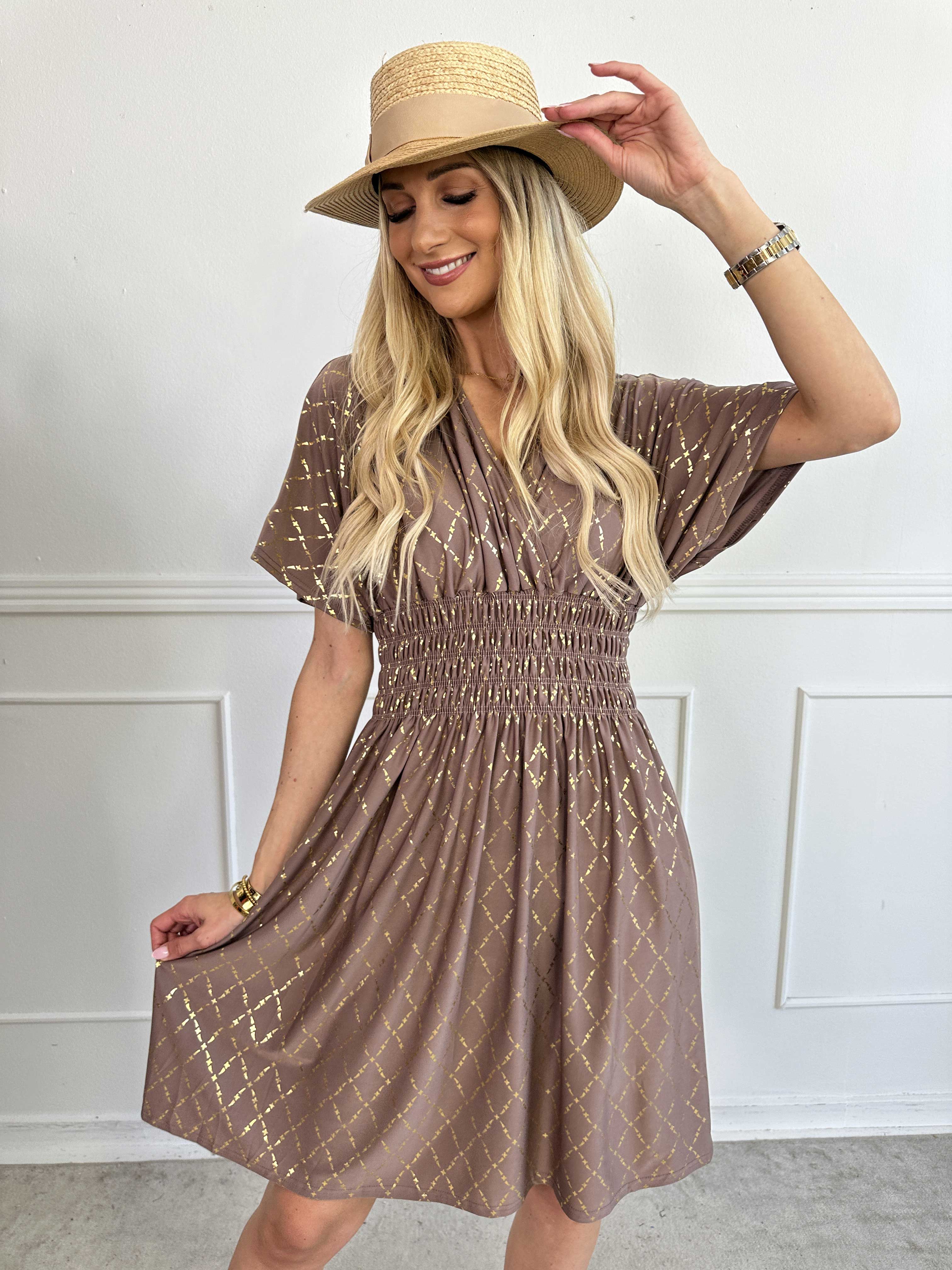 Pams Gold Check Short - Kort elastisk kjole med guld detaljer