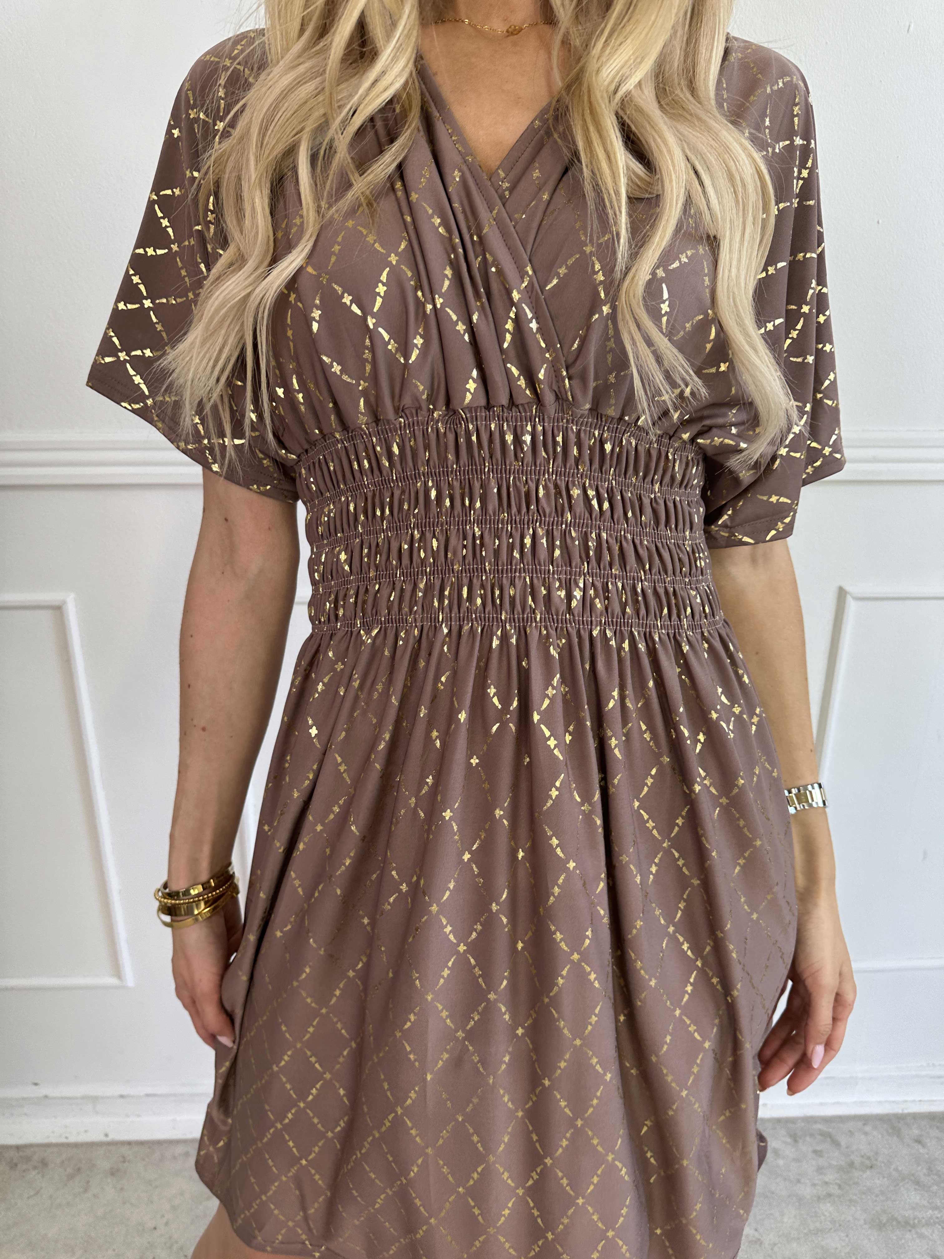 Pams Gold Check Short - Kort elastisk kjole med guld detaljer