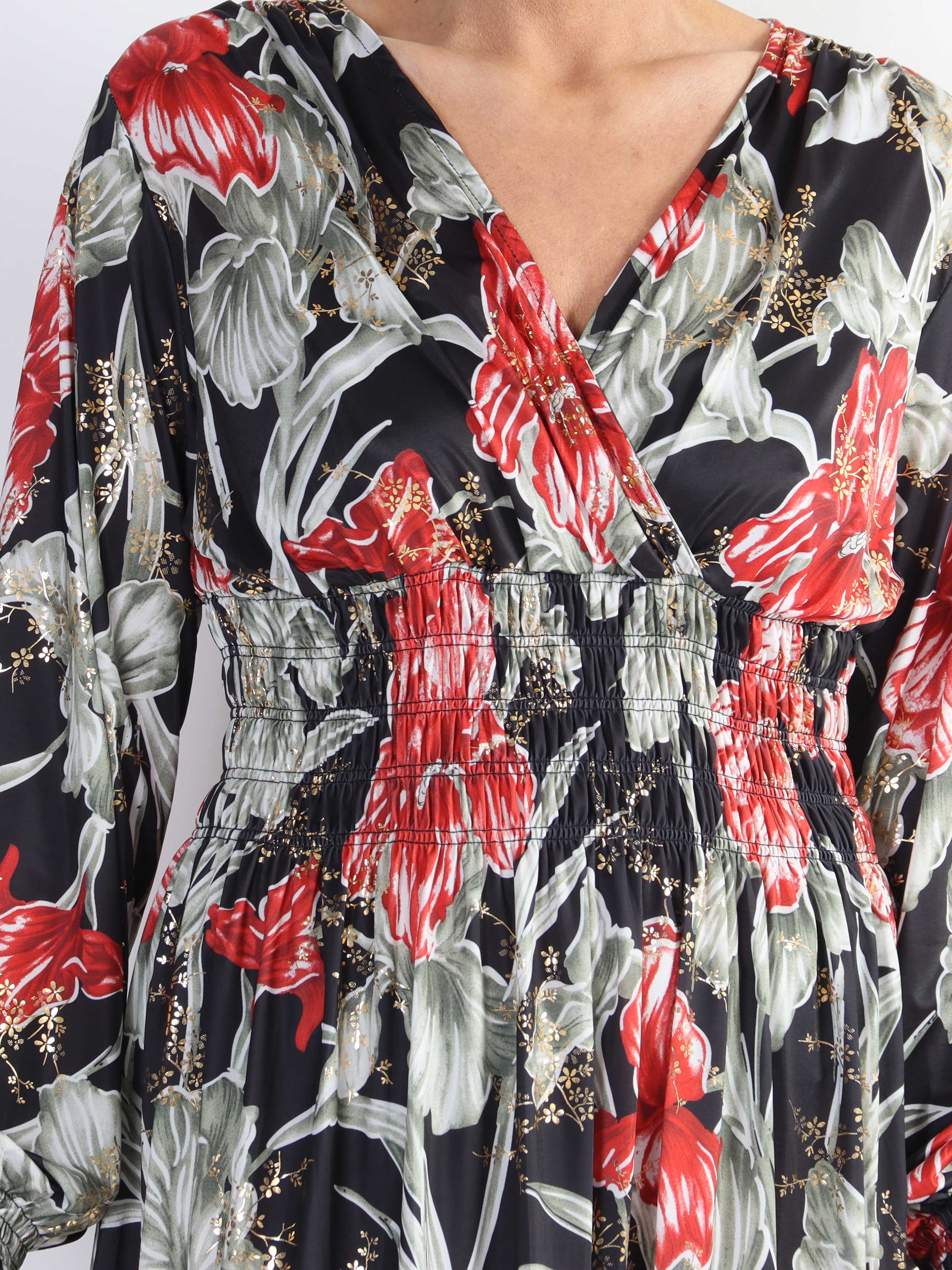 Pams Flower Short L/S - Elastisk mønstret plus size kjole i krølfrit stof