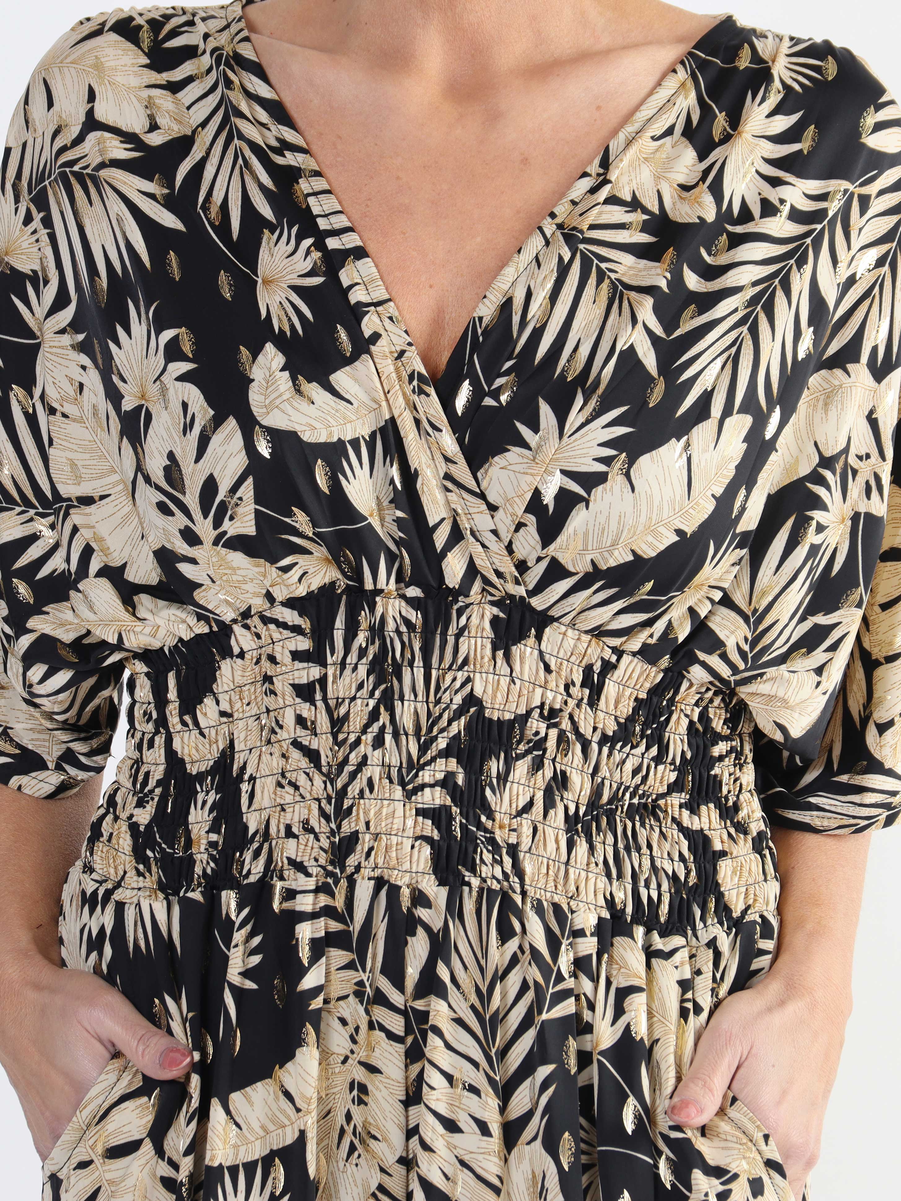 Pams Gold Leaf Jumpsuit - Elastisk plus size buksedragt med bladmønster