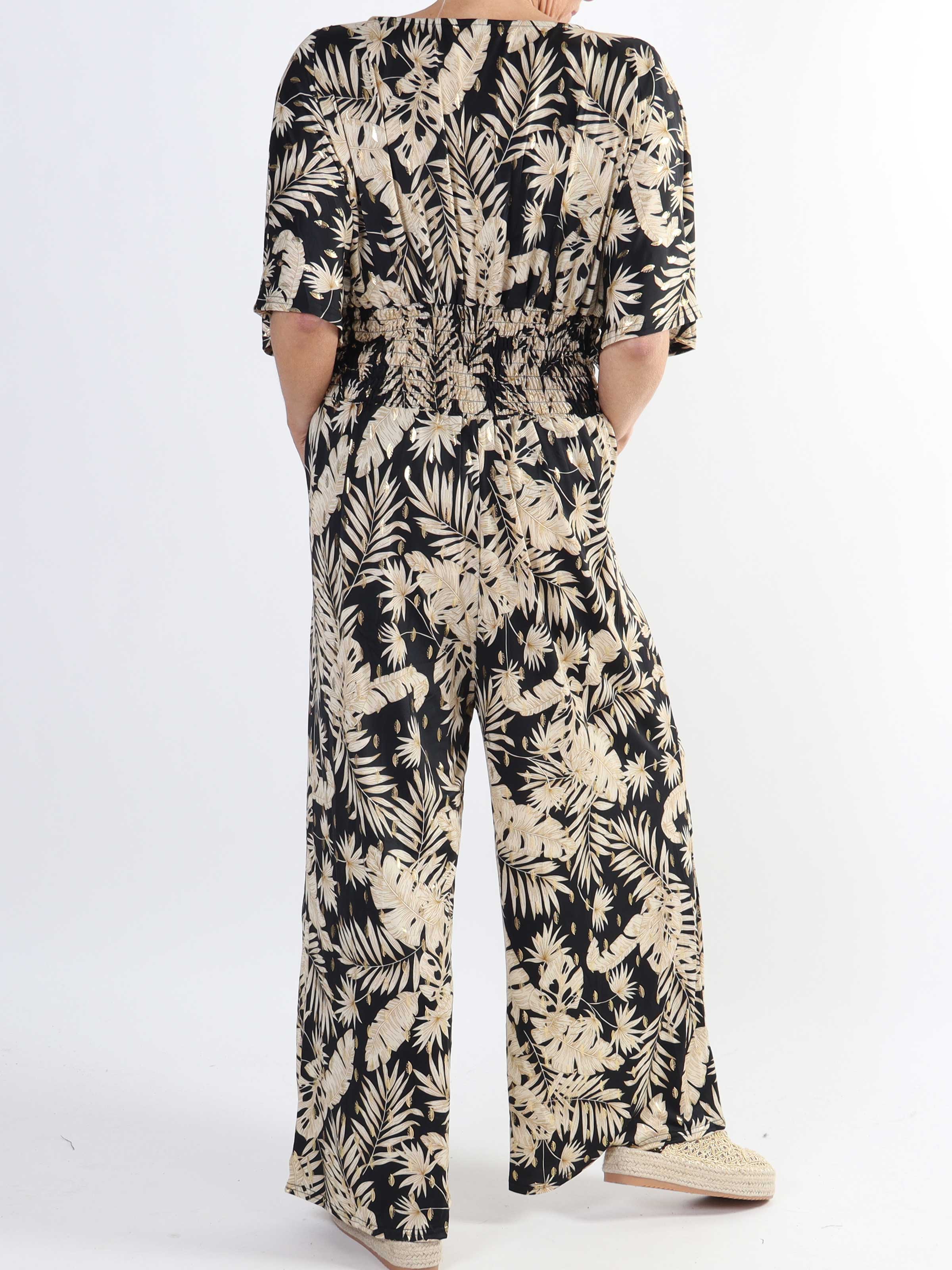 Pams Gold Leaf Jumpsuit - Elastisk plus size buksedragt med bladmønster