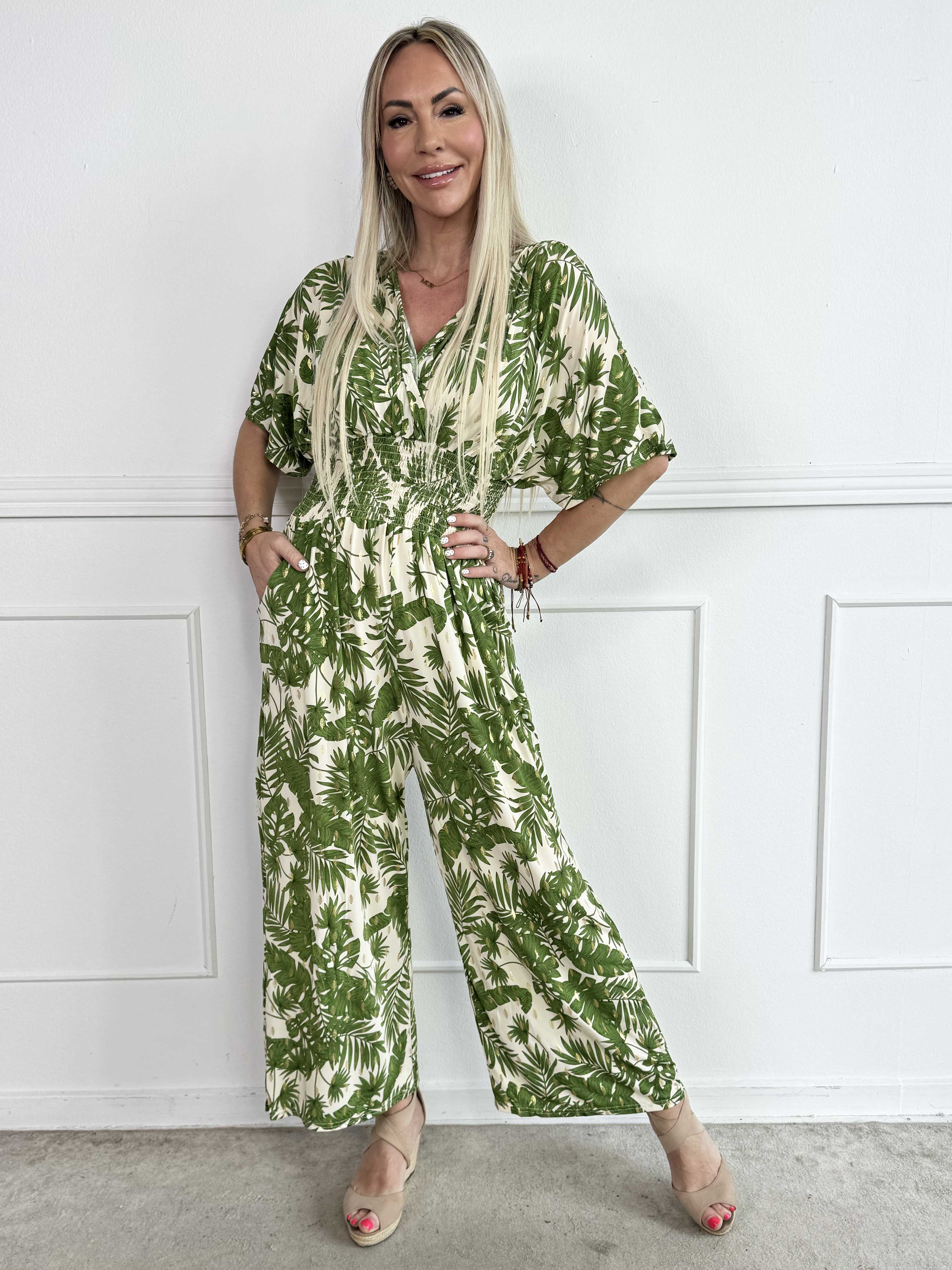 Pams Gold Leaf Jumpsuit - Elastisk buksedragt med blad mønster og guld dutter