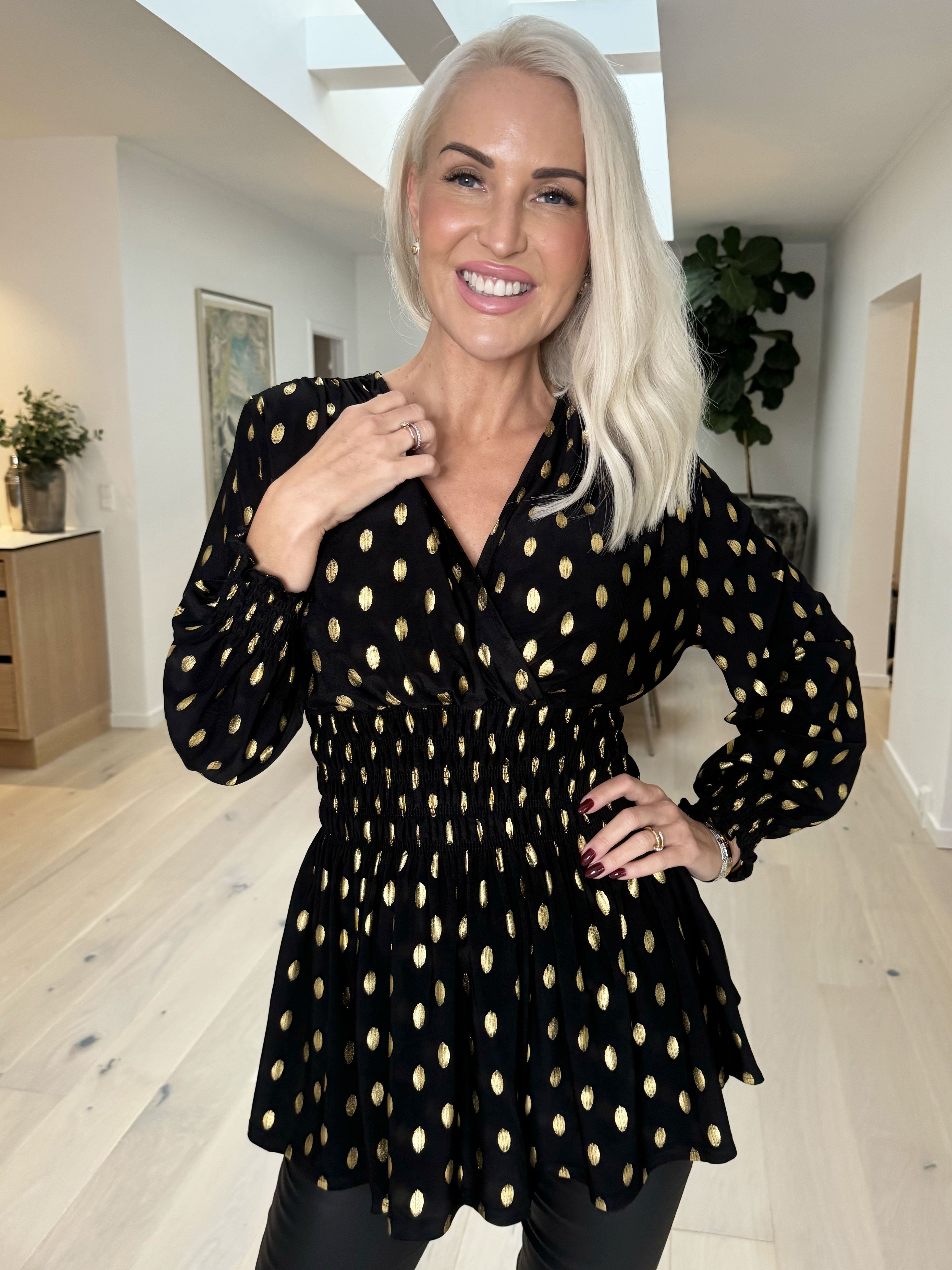 Pams Gold Dot Shirt L/S - Elastisk bluse i krølfrit stof