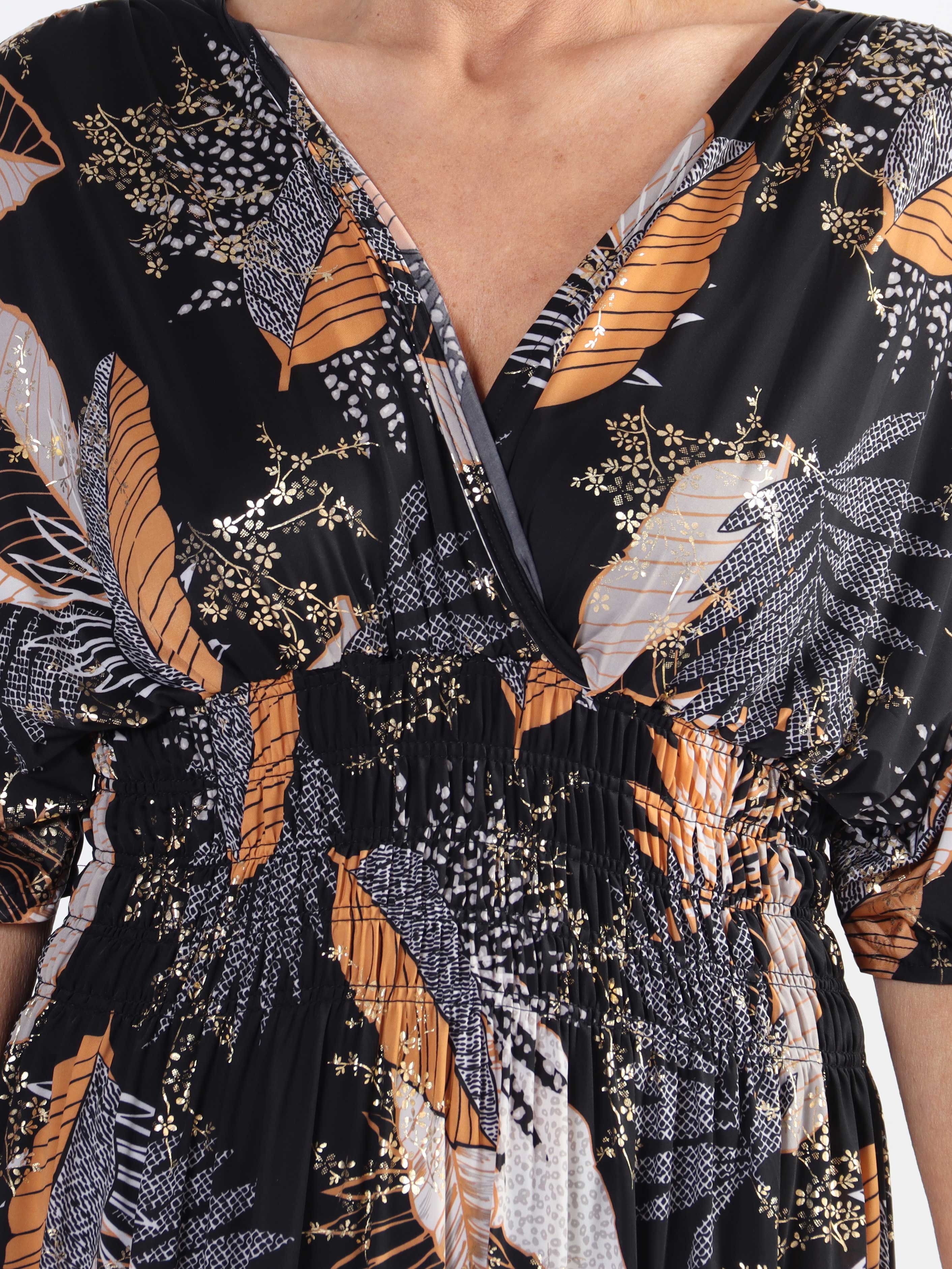 Pams Leafy - Lang elastisk plus size kjole i krølfrit stof