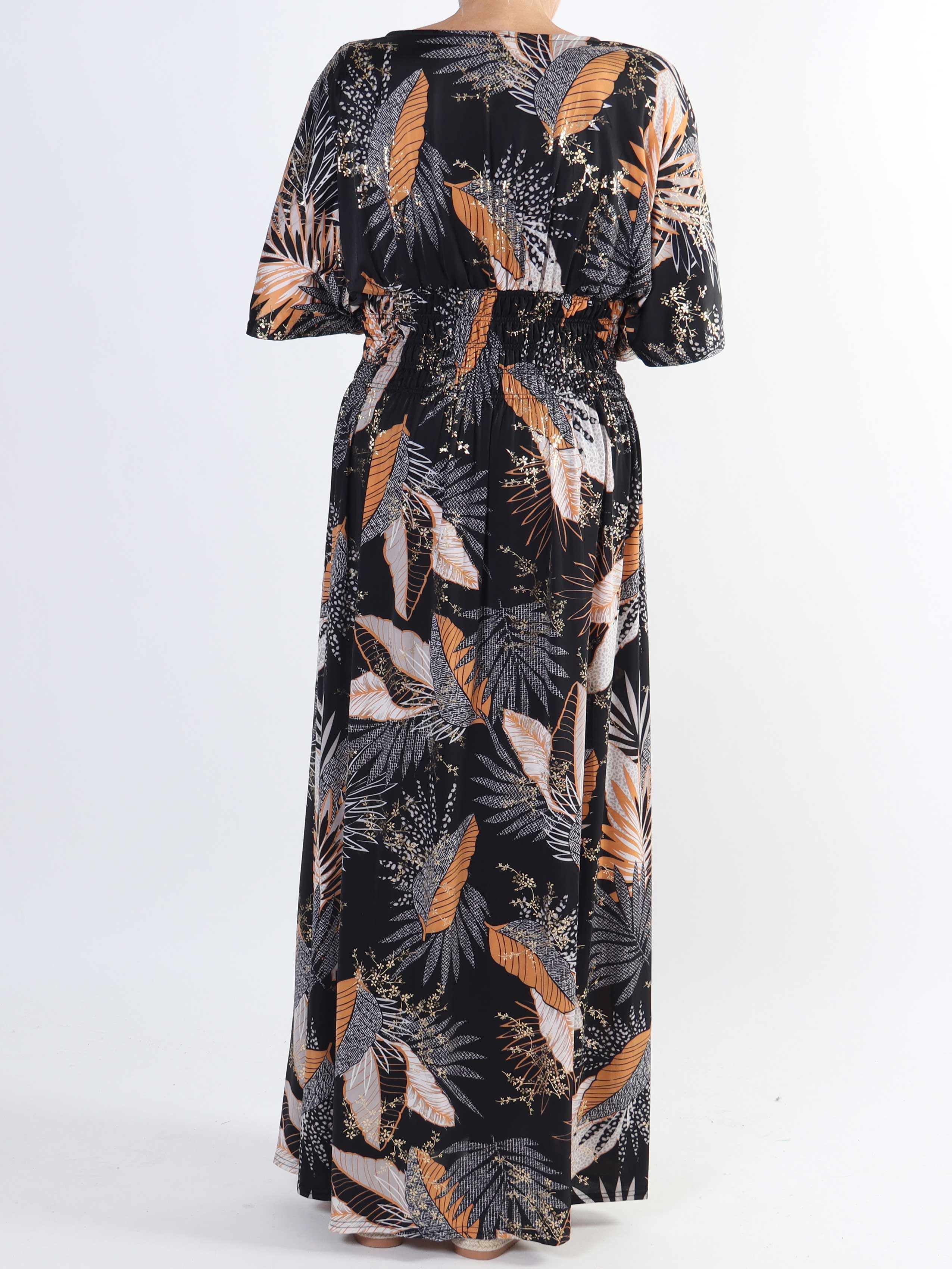 Pams Leafy - Lang elastisk plus size kjole i krølfrit stof