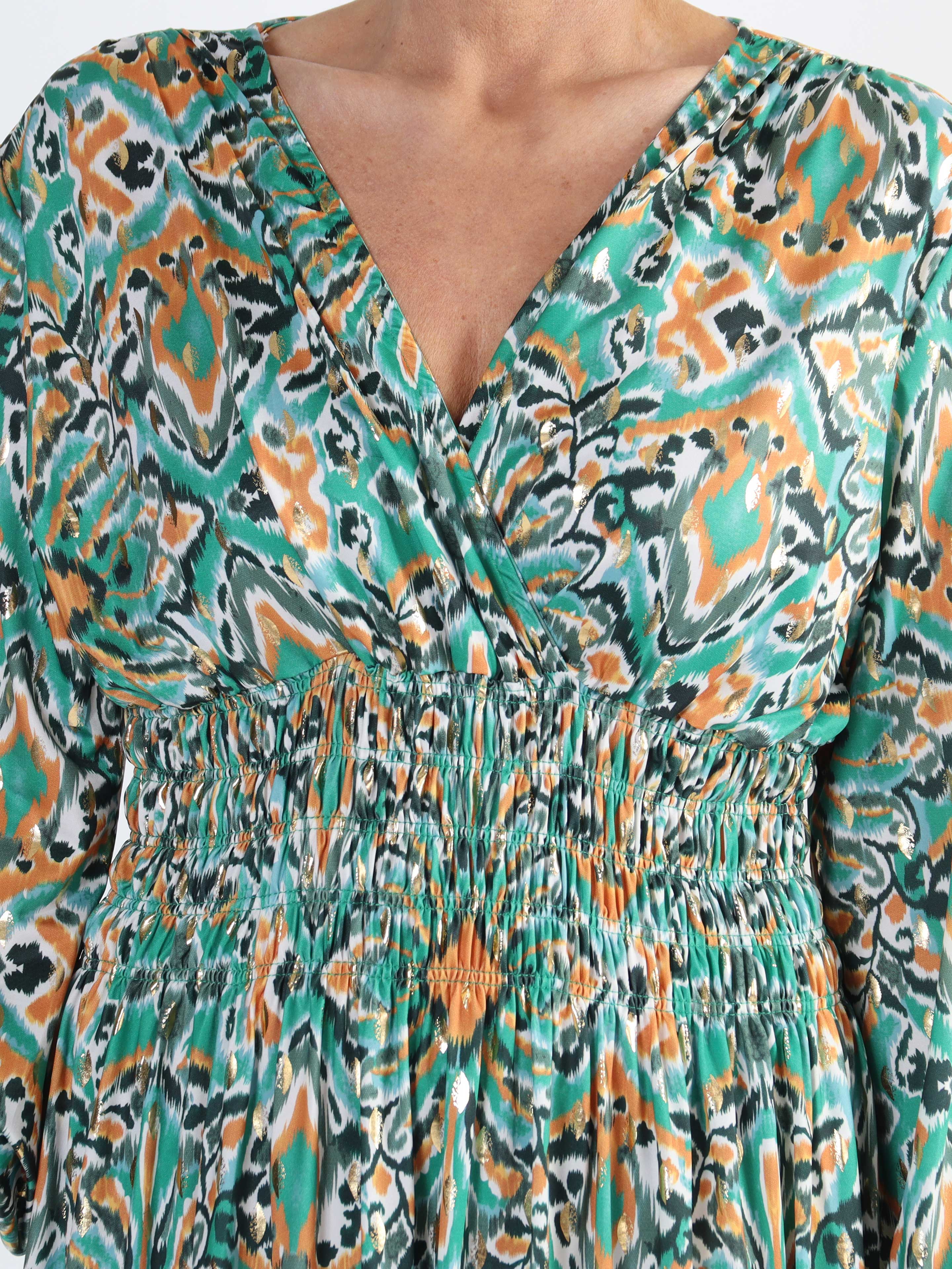 Pams Peacock Midi L/S - Elastisk mønstret plus size kjole i krølfrit stof