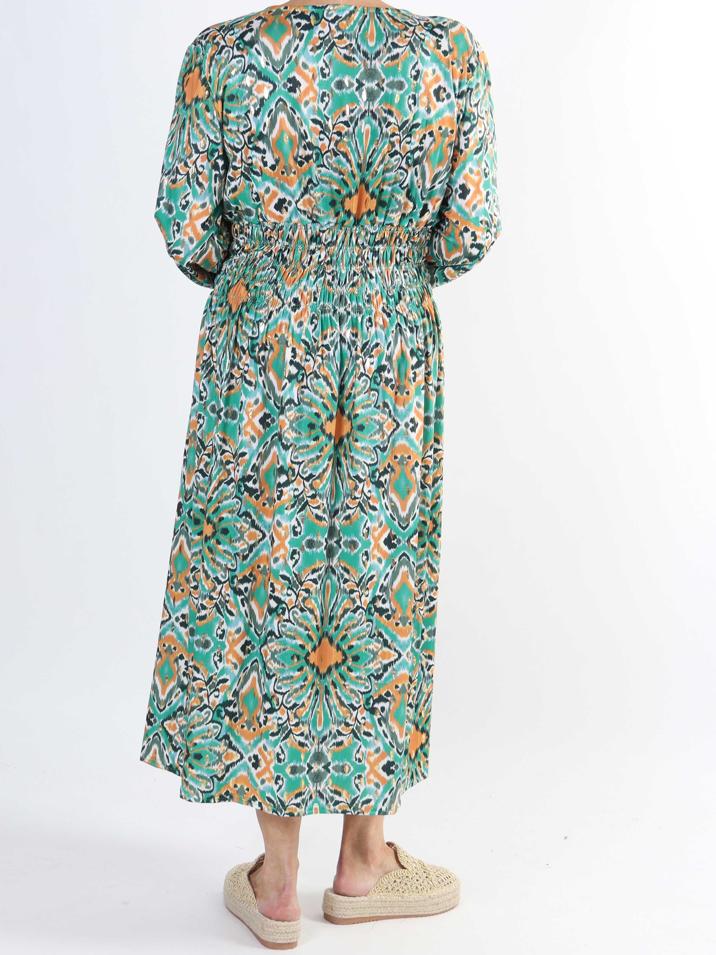 Pams Peacock Midi L/S - Elastisk mønstret plus size kjole i krølfrit stof