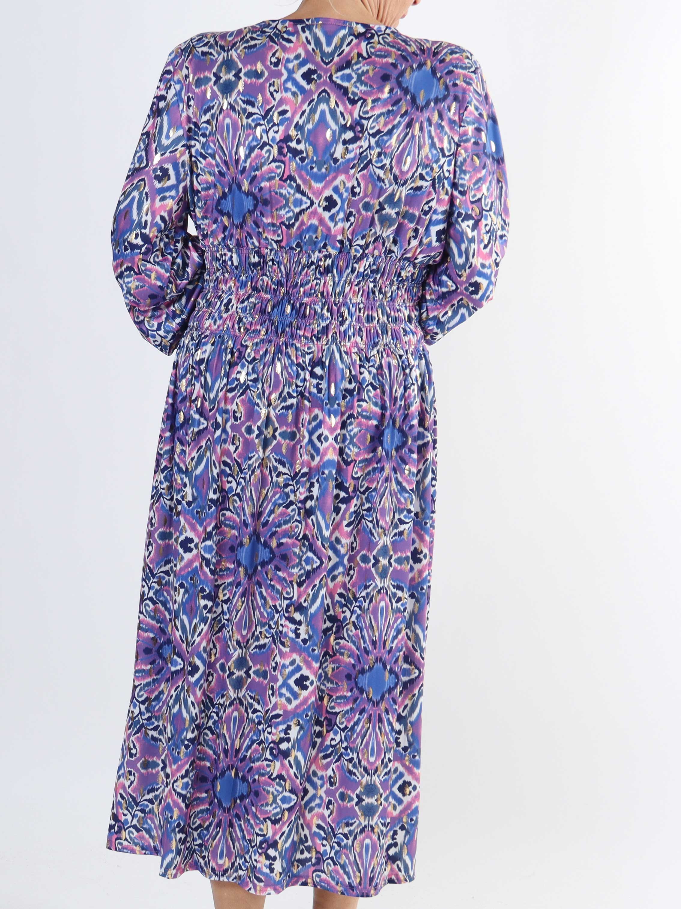 Pams Peacock Midi L/S - Elastisk mønstret plus size kjole i krølfrit stof