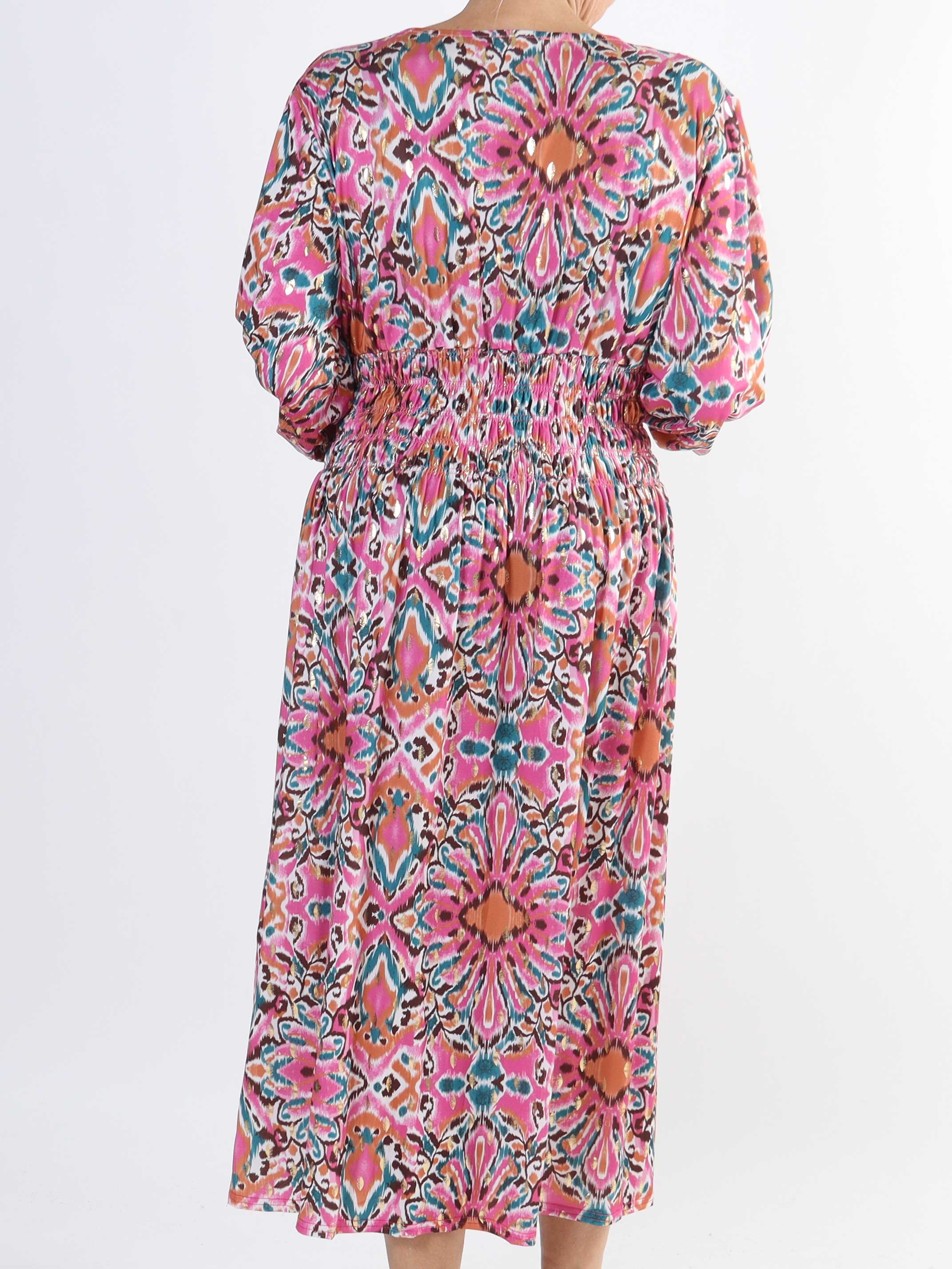 Pams Peacock Midi L/S - Elastisk mønstret plus size kjole i krølfrit stof