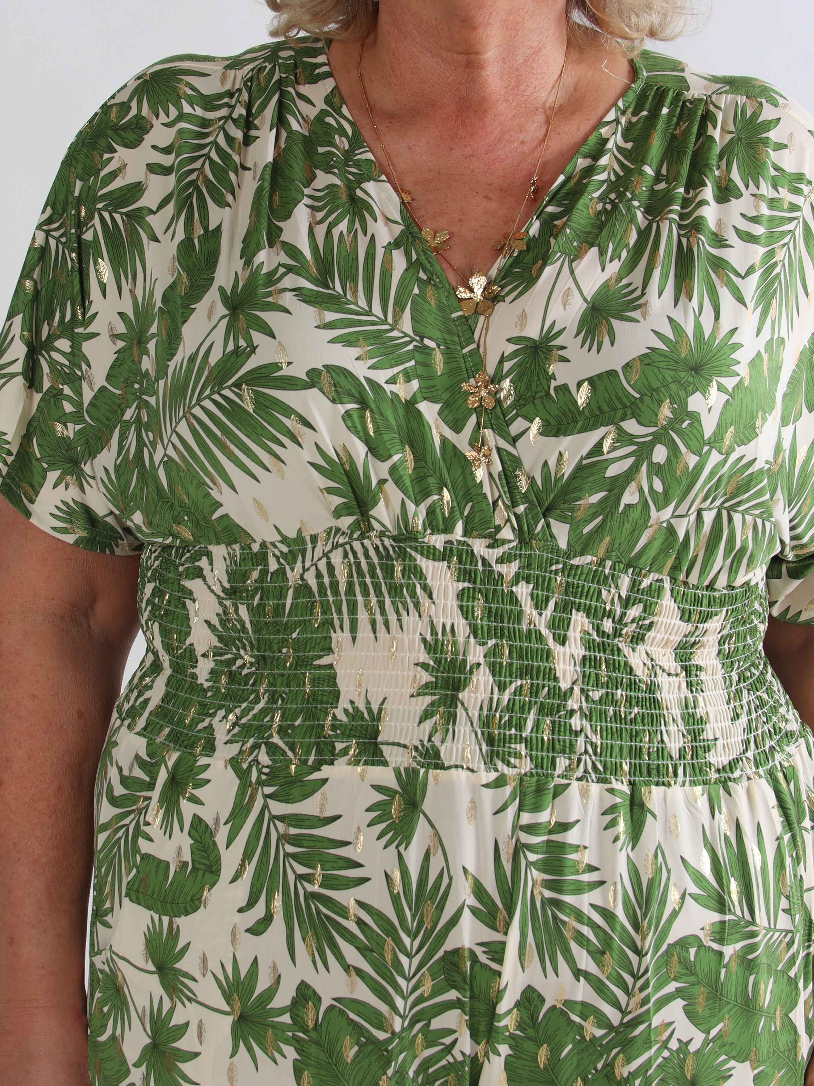 Pams Gold Leaf Jumpsuit - Plus size buksedragt med blad mønster og guld dutter