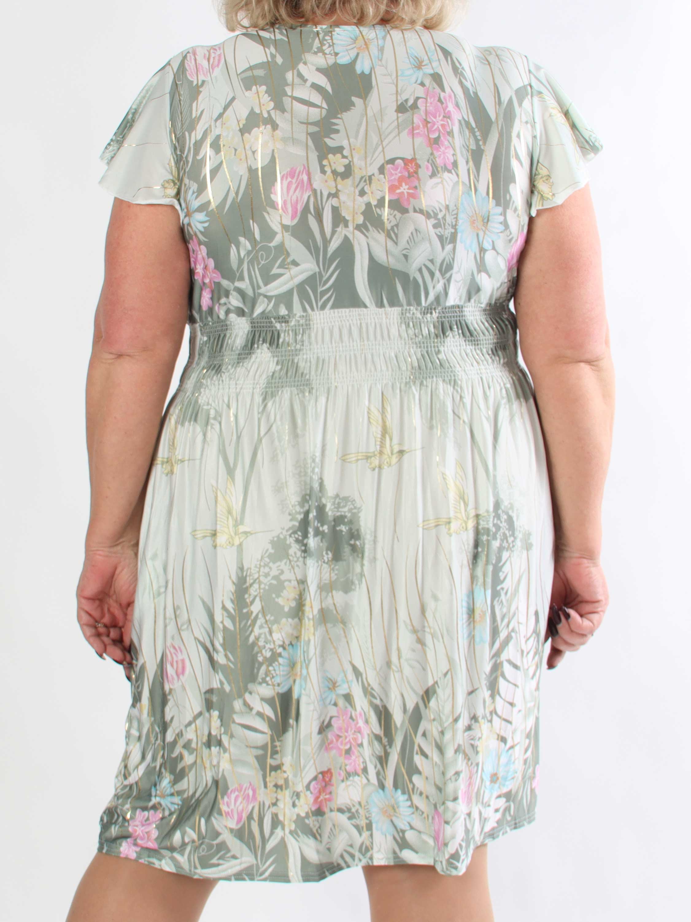 Pams Hummingbird Short - Kort plus size kjole med fuglemotiver og guld detaljer