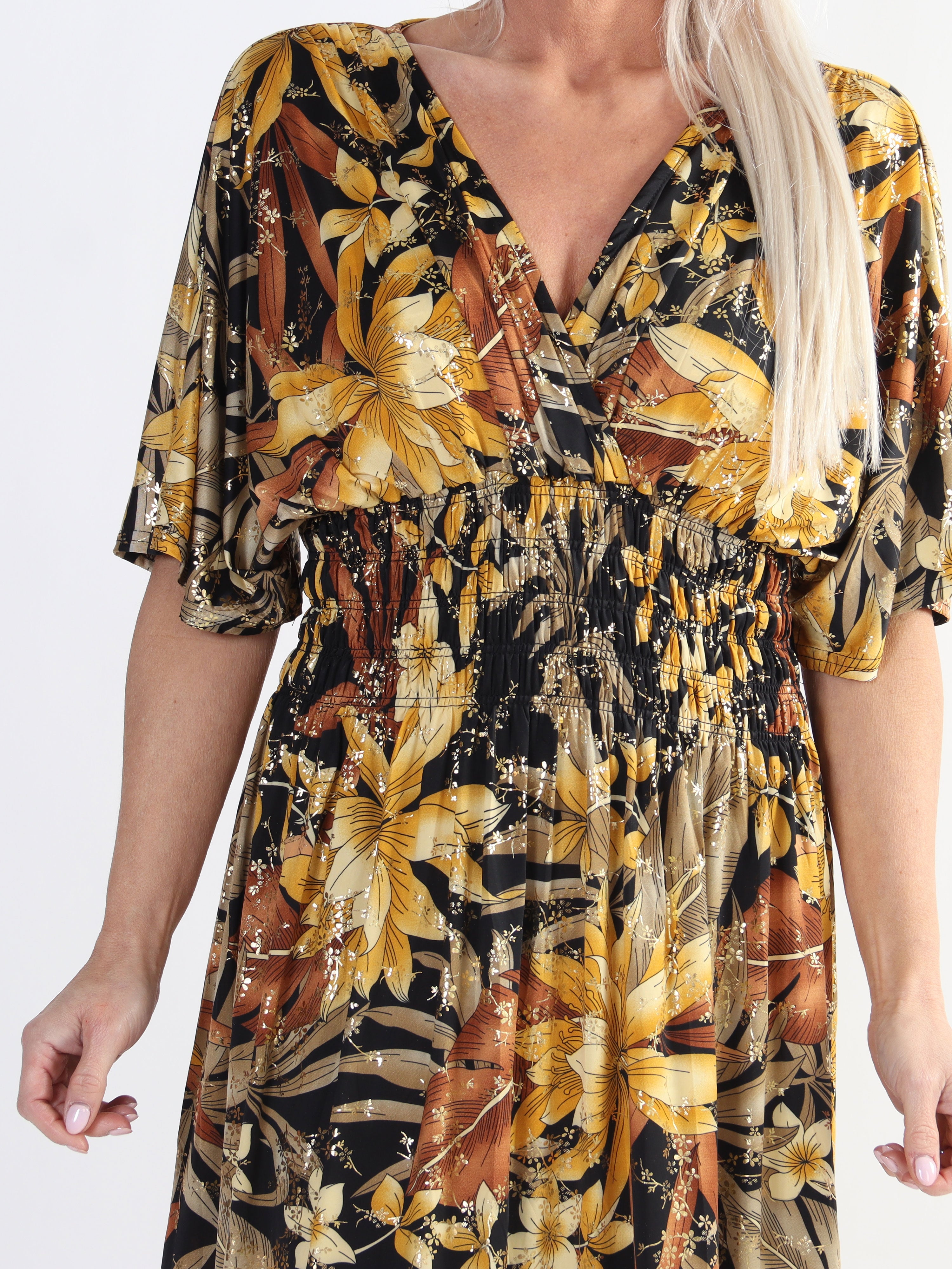 Pams Midi - Elastisk blomstret plus size kjole i krølfrit stof