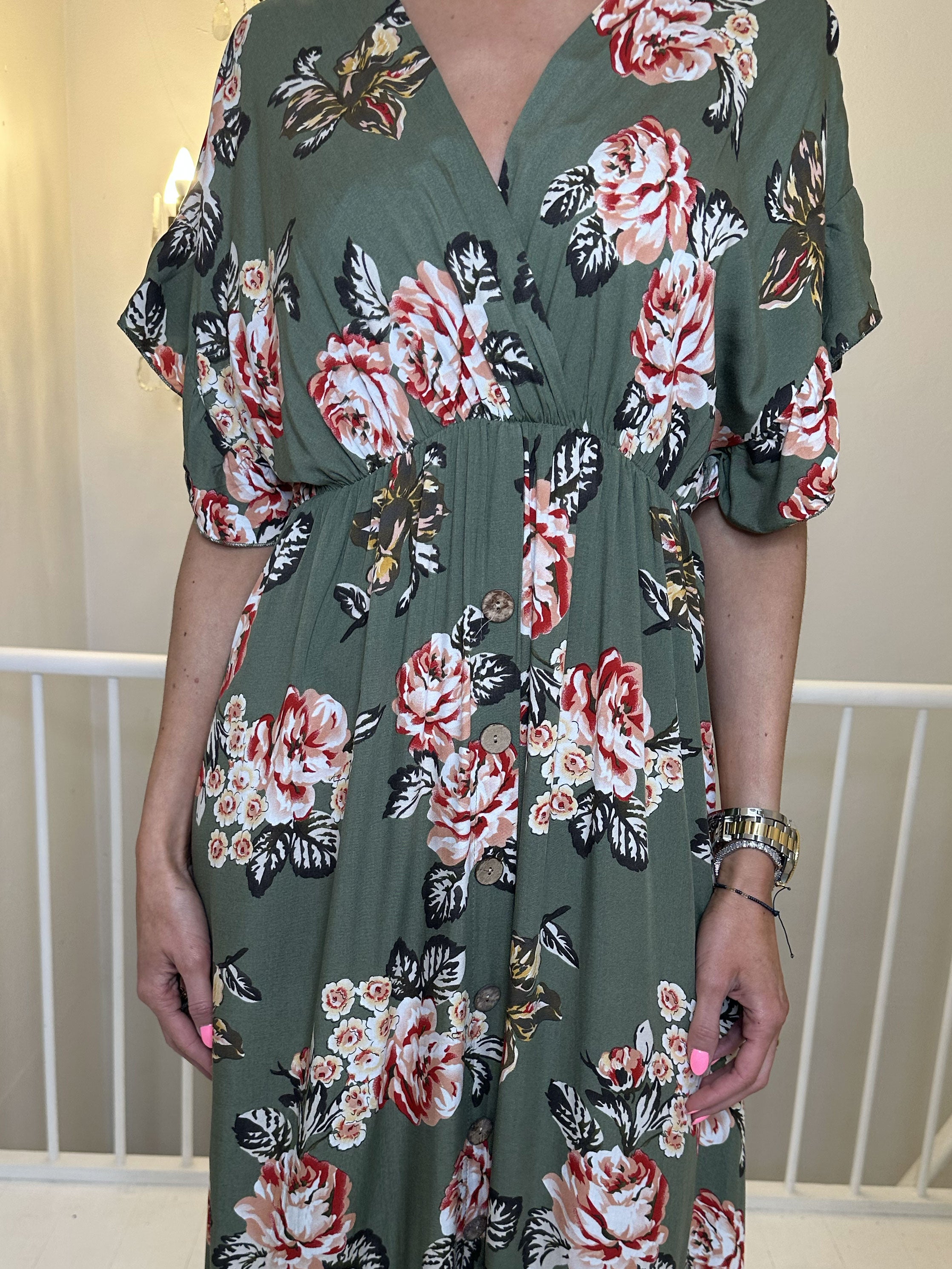 Alina Rose - Lang sommerkjole i blomsterprint med træknapper