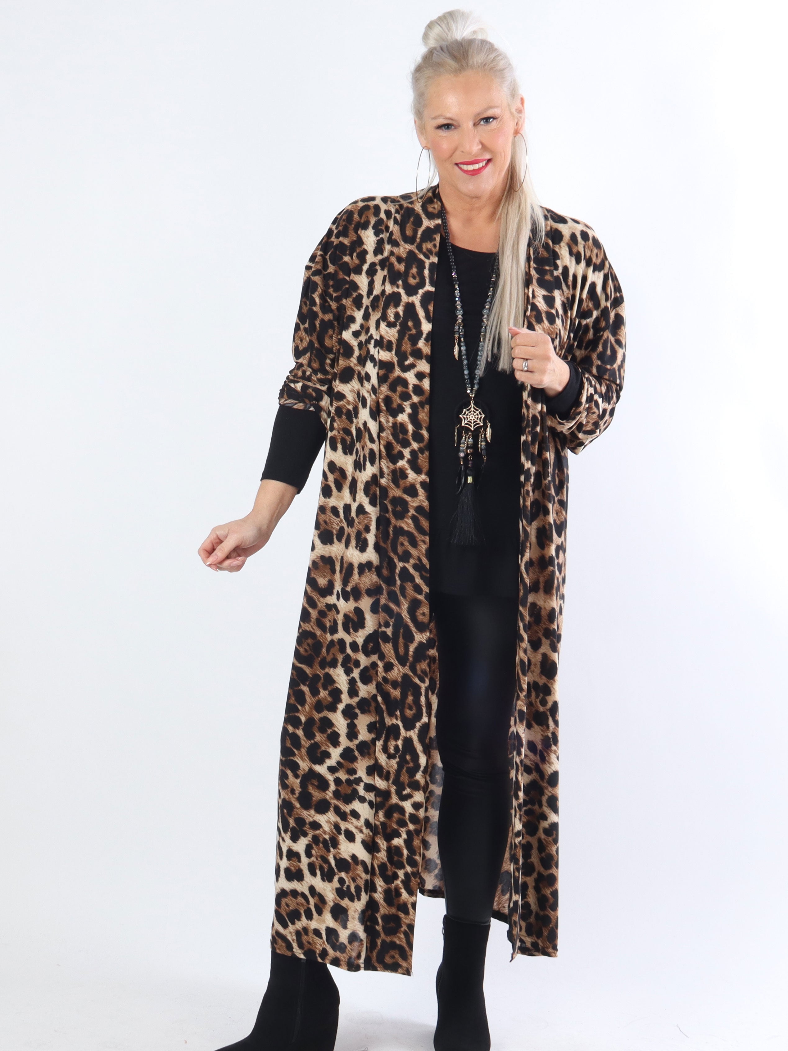 Alline long - Lang elastisk leopard cardigan i plus size